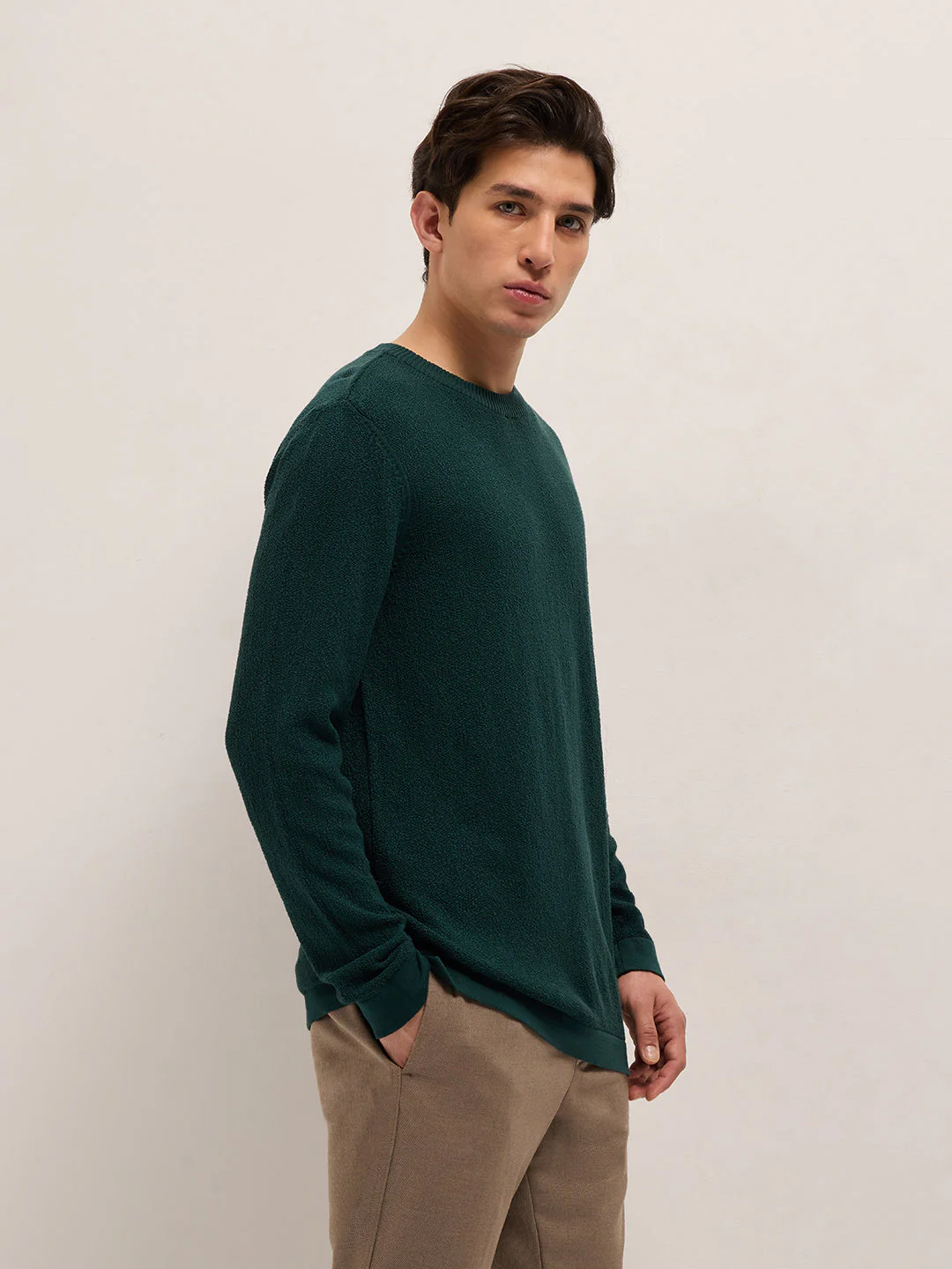Men Green Regular Fit Full Sleeve Flat Knit T-Shirt - Image 3