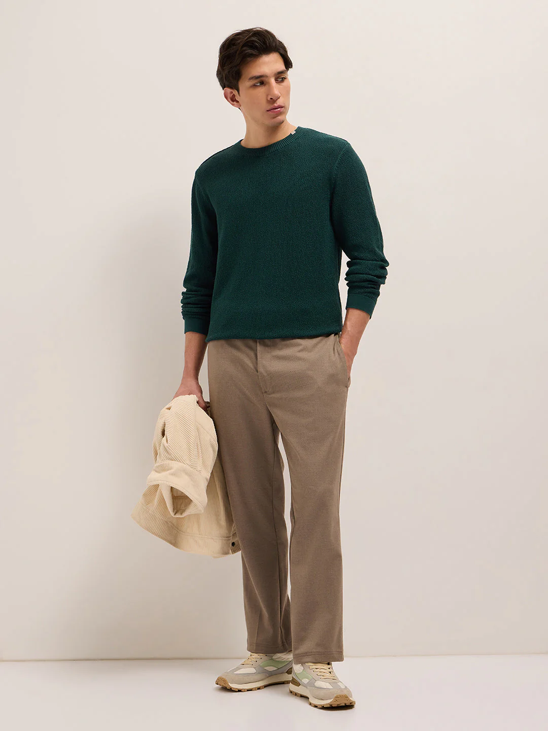 Men Green Regular Fit Full Sleeve Flat Knit T-Shirt - Image 4