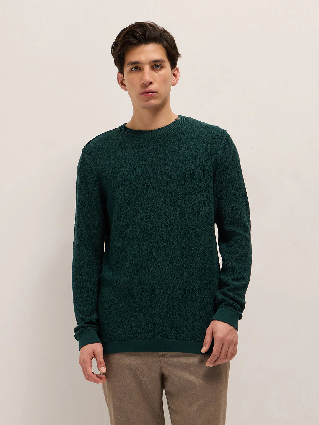 Men Green Regular Fit Full Sleeve Flat Knit T-Shirt - Image 6