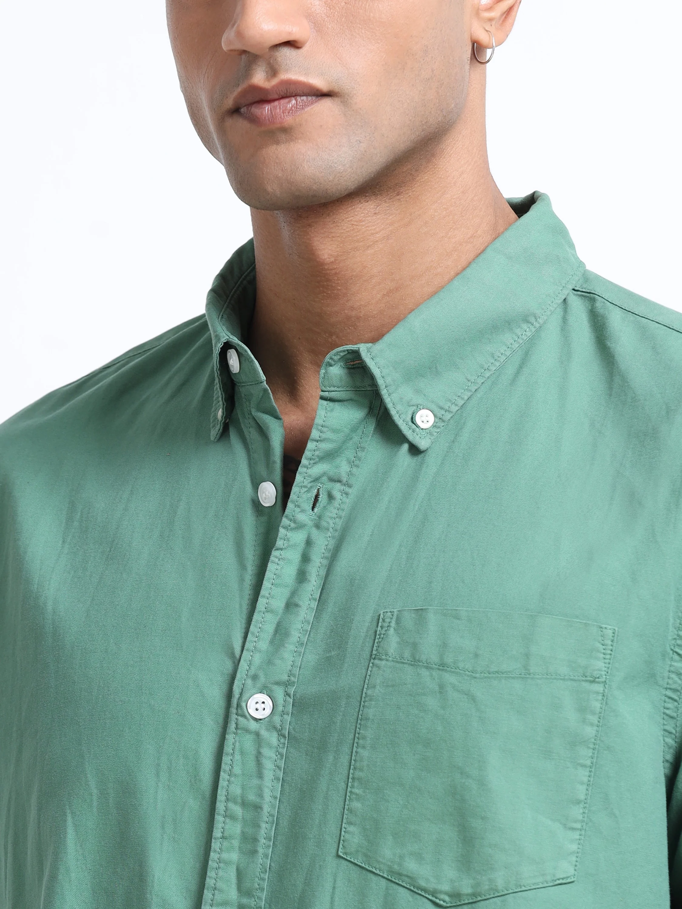 Men Green Button Down Collar Shirt - Image 3