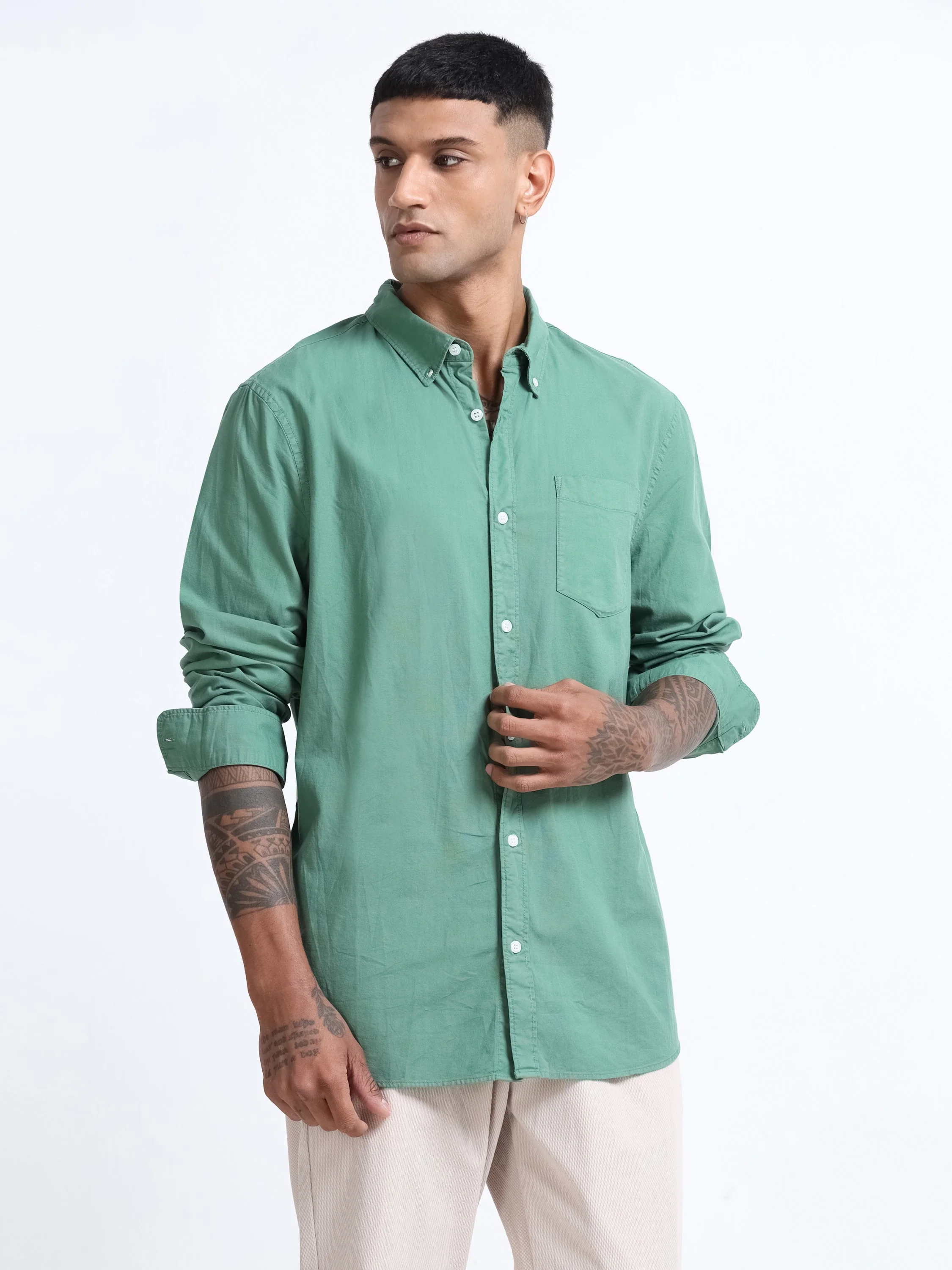 Men Green Button Down Collar Shirt - Image 5
