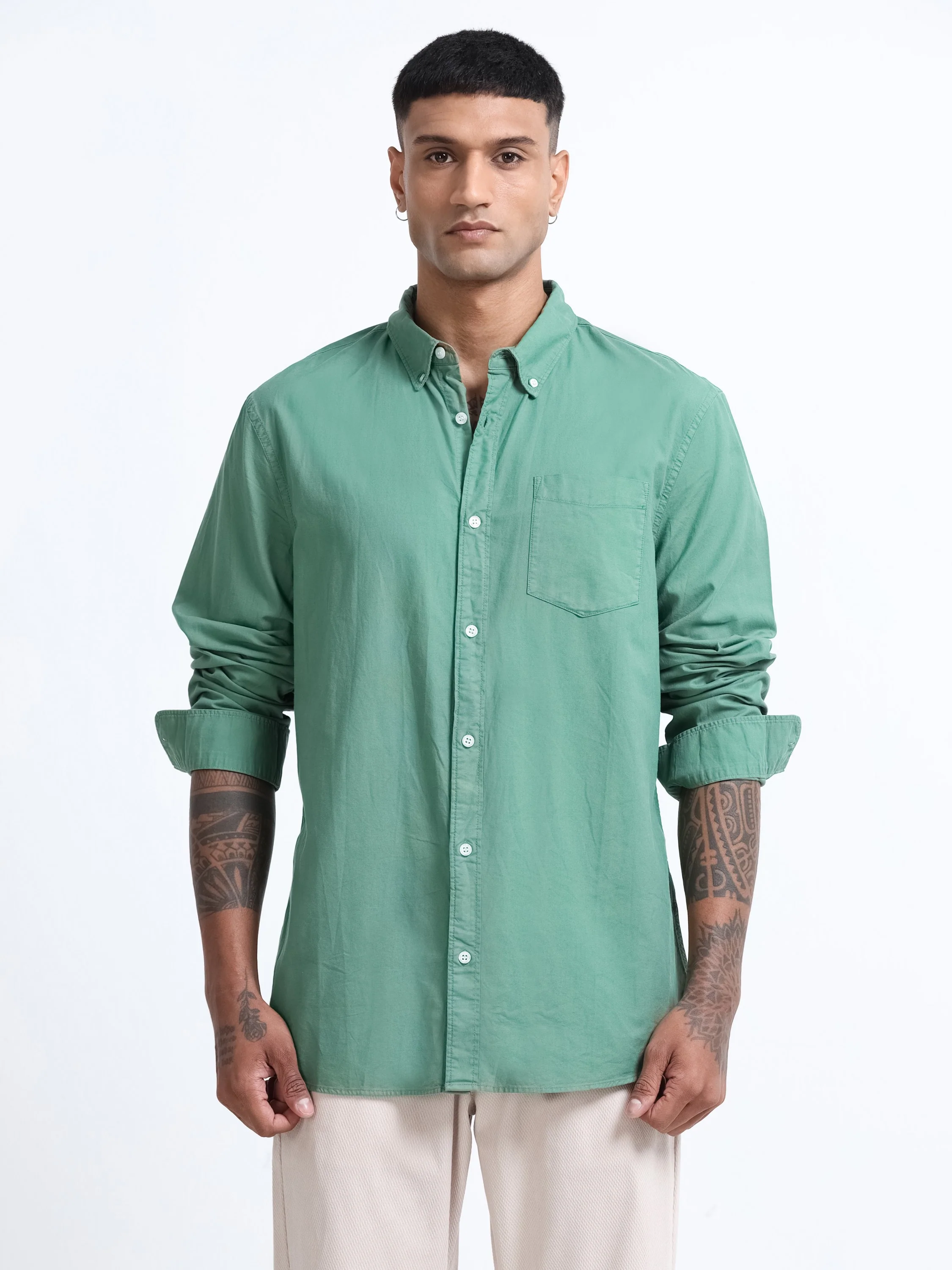 Men Green Button Down Collar Shirt - Image 6