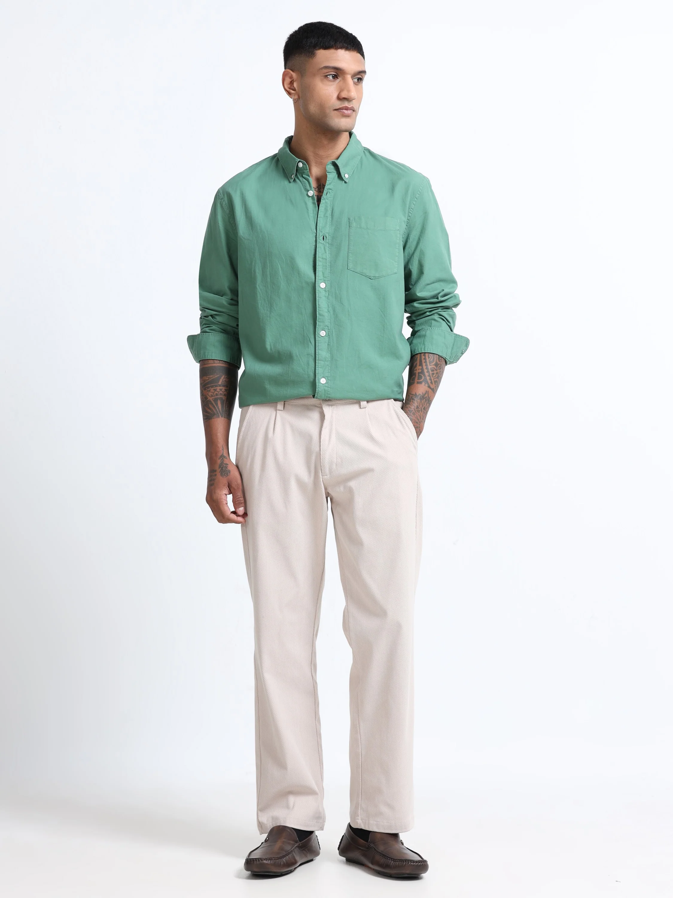 Men Green Button Down Collar Shirt - Image 7