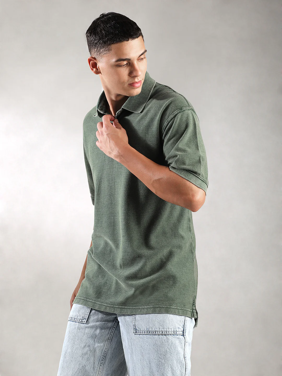 Men Green Drop Shoulder Oversize Polo T-Shirt - Image 3