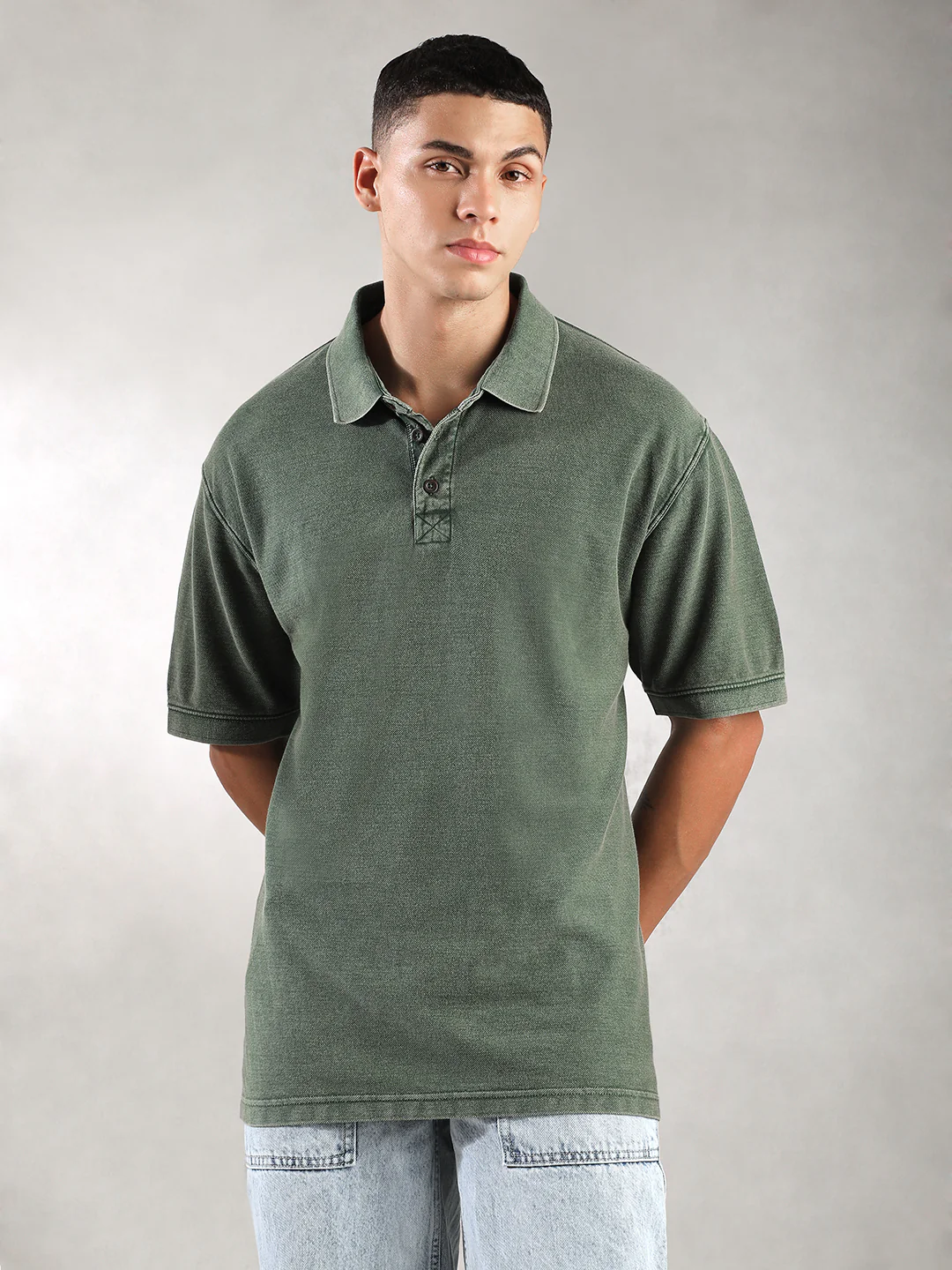 Men Green Drop Shoulder Oversize Polo T-Shirt - Image 4