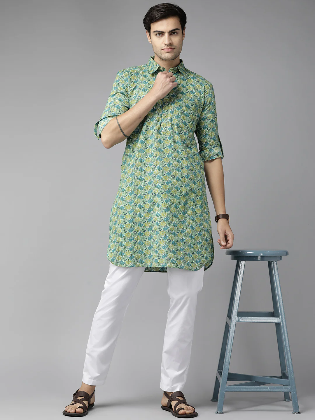Men Green Regular Pure Cotton Pathani Printed Men'S Kurta