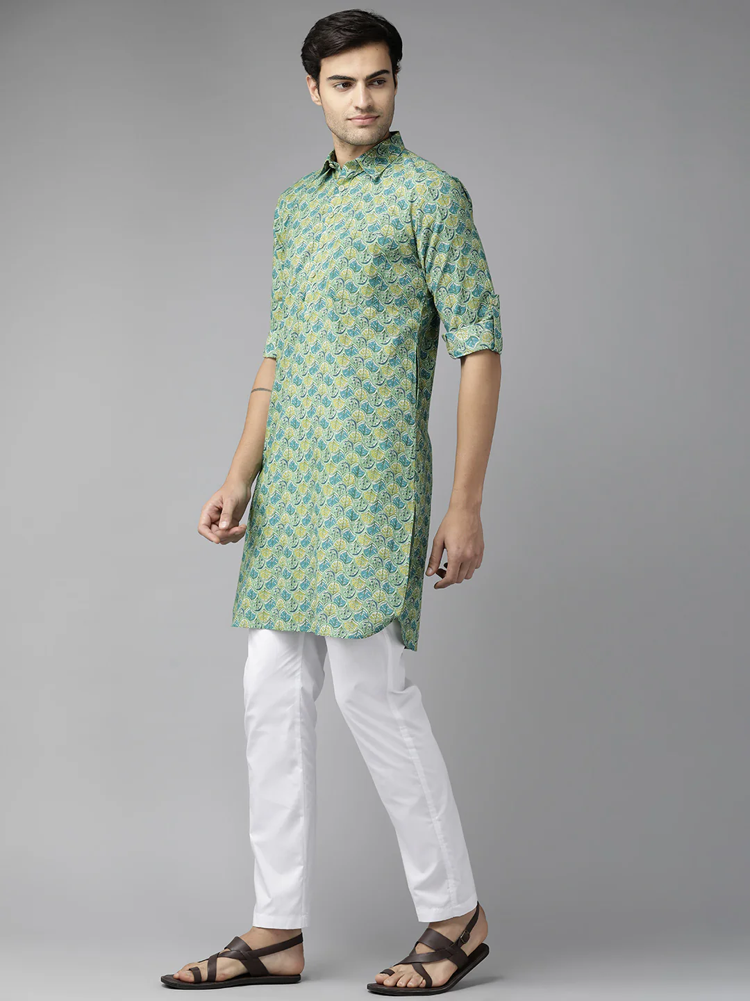 Men Green Regular Pure Cotton Pathani Printed Men'S Kurta - Image 4