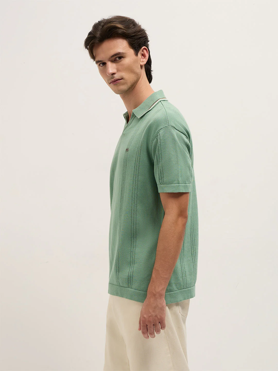 Men Green Relaxed Fit Flat Knit Polo - Image 3