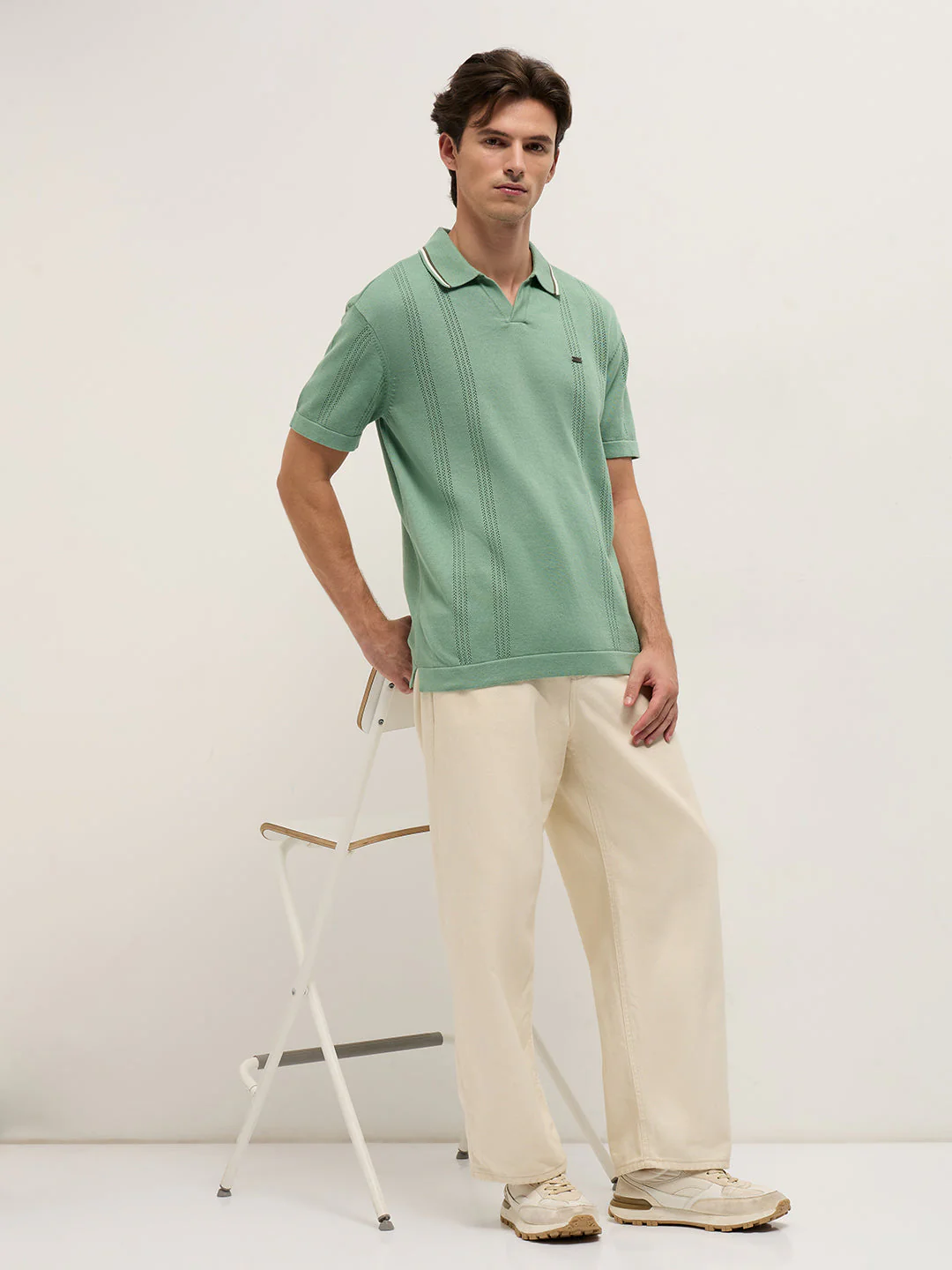 Men Green Relaxed Fit Flat Knit Polo - Image 4