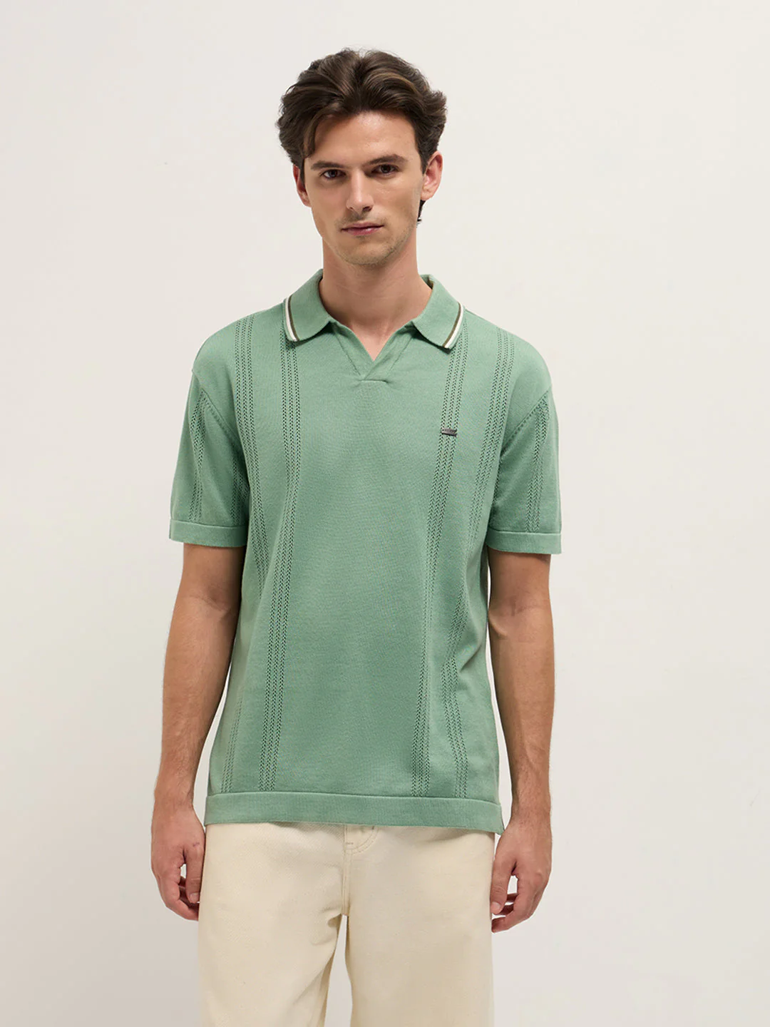 Men Green Relaxed Fit Flat Knit Polo - Image 6