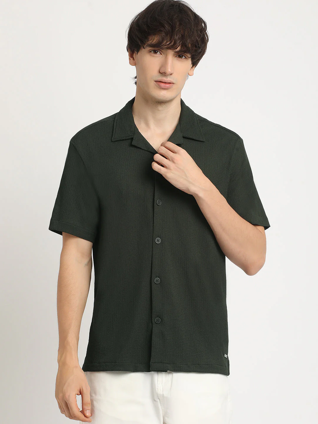 Men  Green Self Design Regular Fit Casual Shirt - Image 2