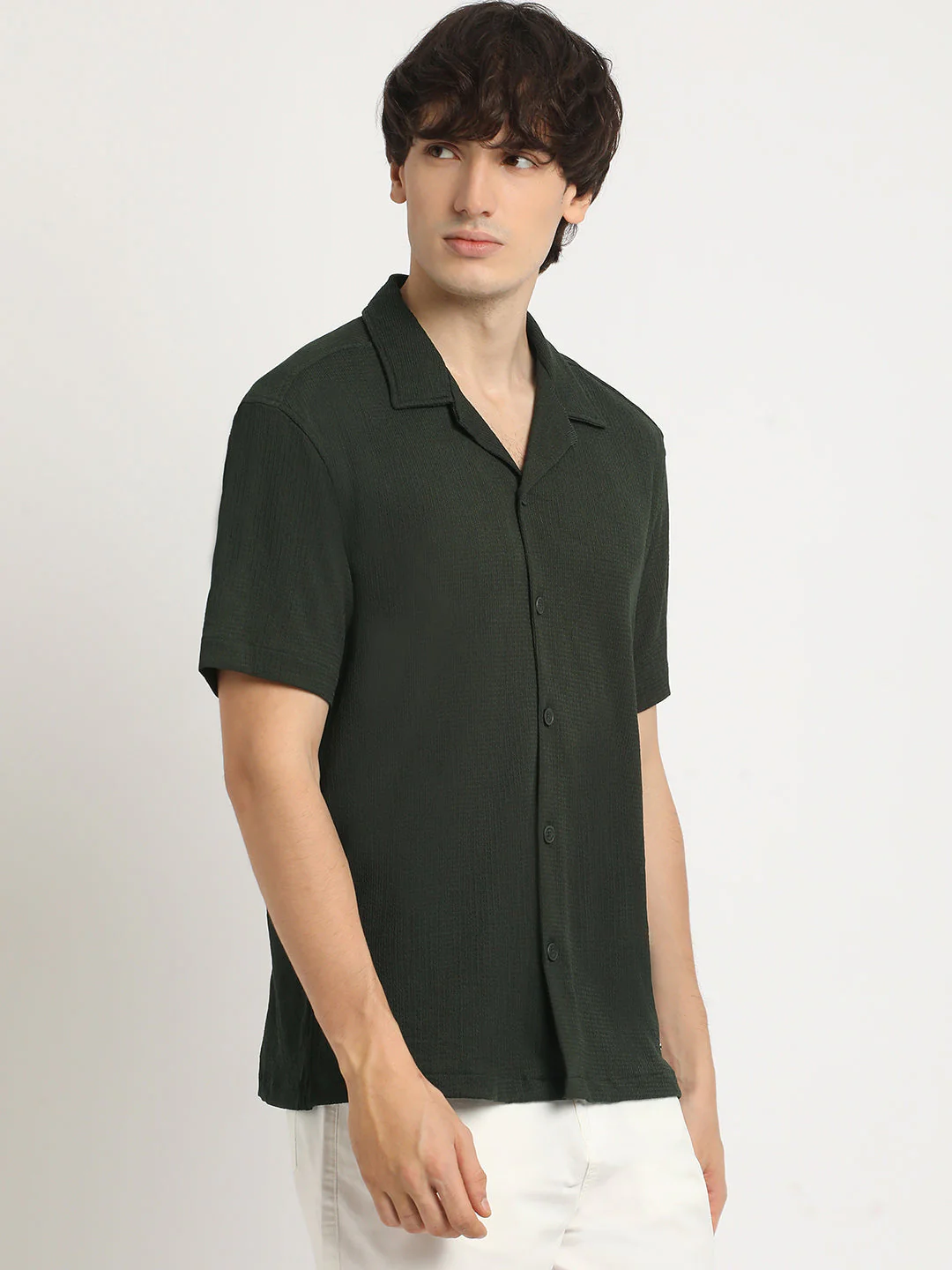 Men  Green Self Design Regular Fit Casual Shirt - Image 3