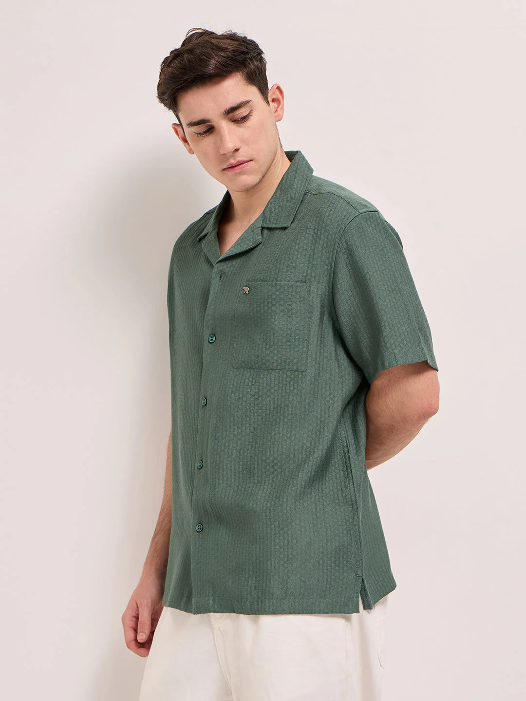 Men Green Self Design Regular Fit Casual Shirt - Image 3