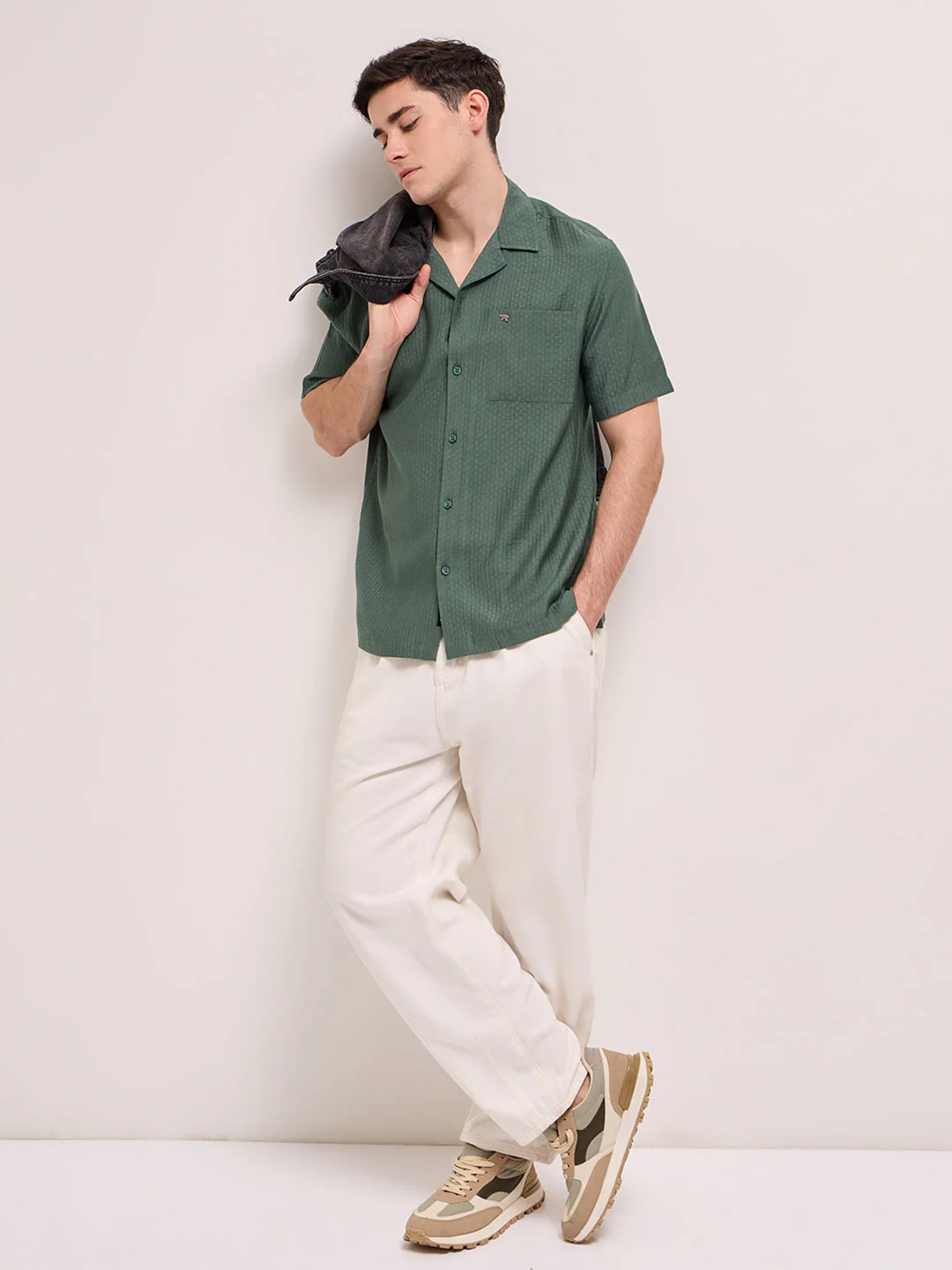 Men Green Self Design Regular Fit Casual Shirt - Image 4