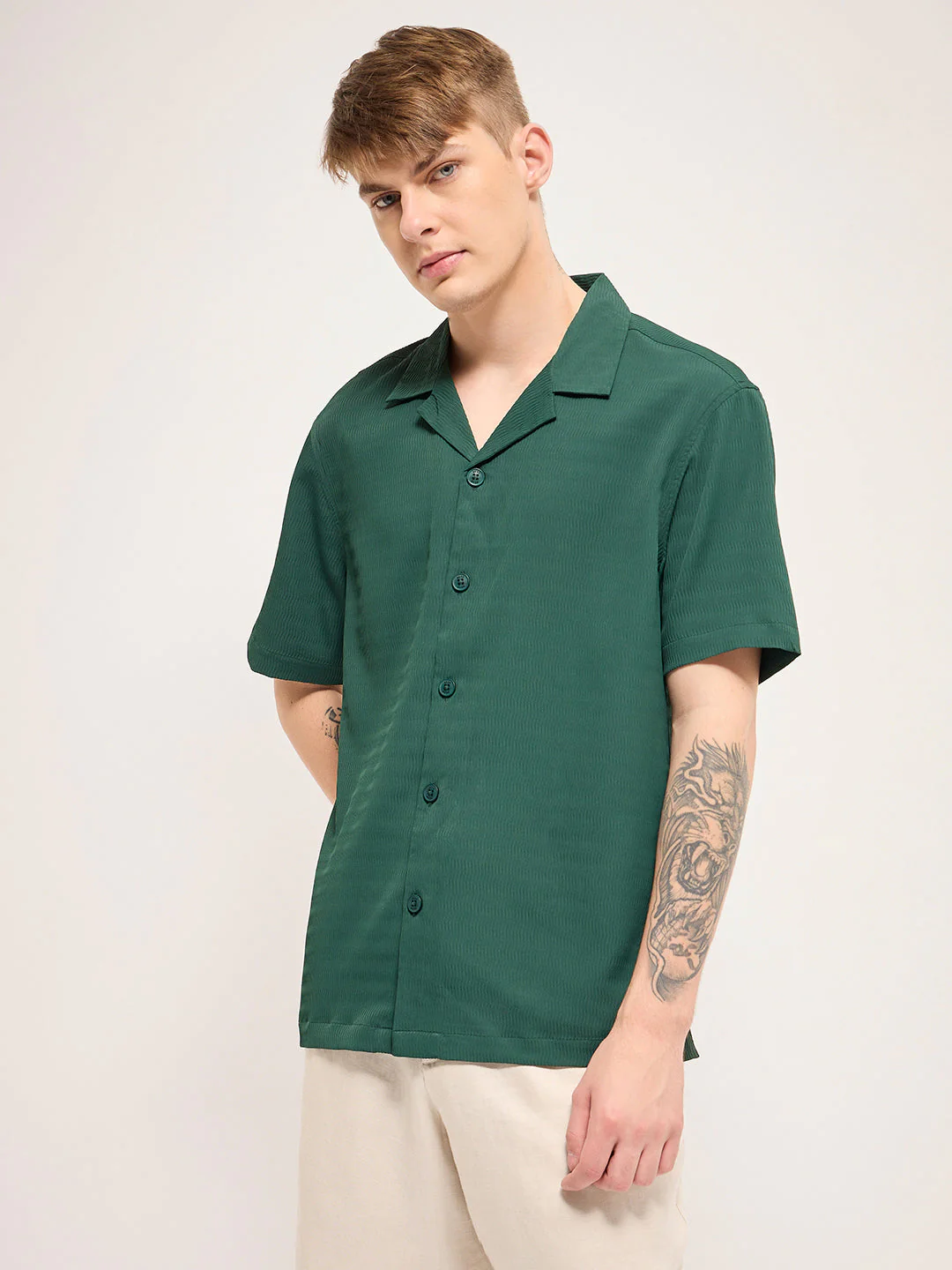 Men Green Self Design Regular Fit Casual Shirt - Image 3