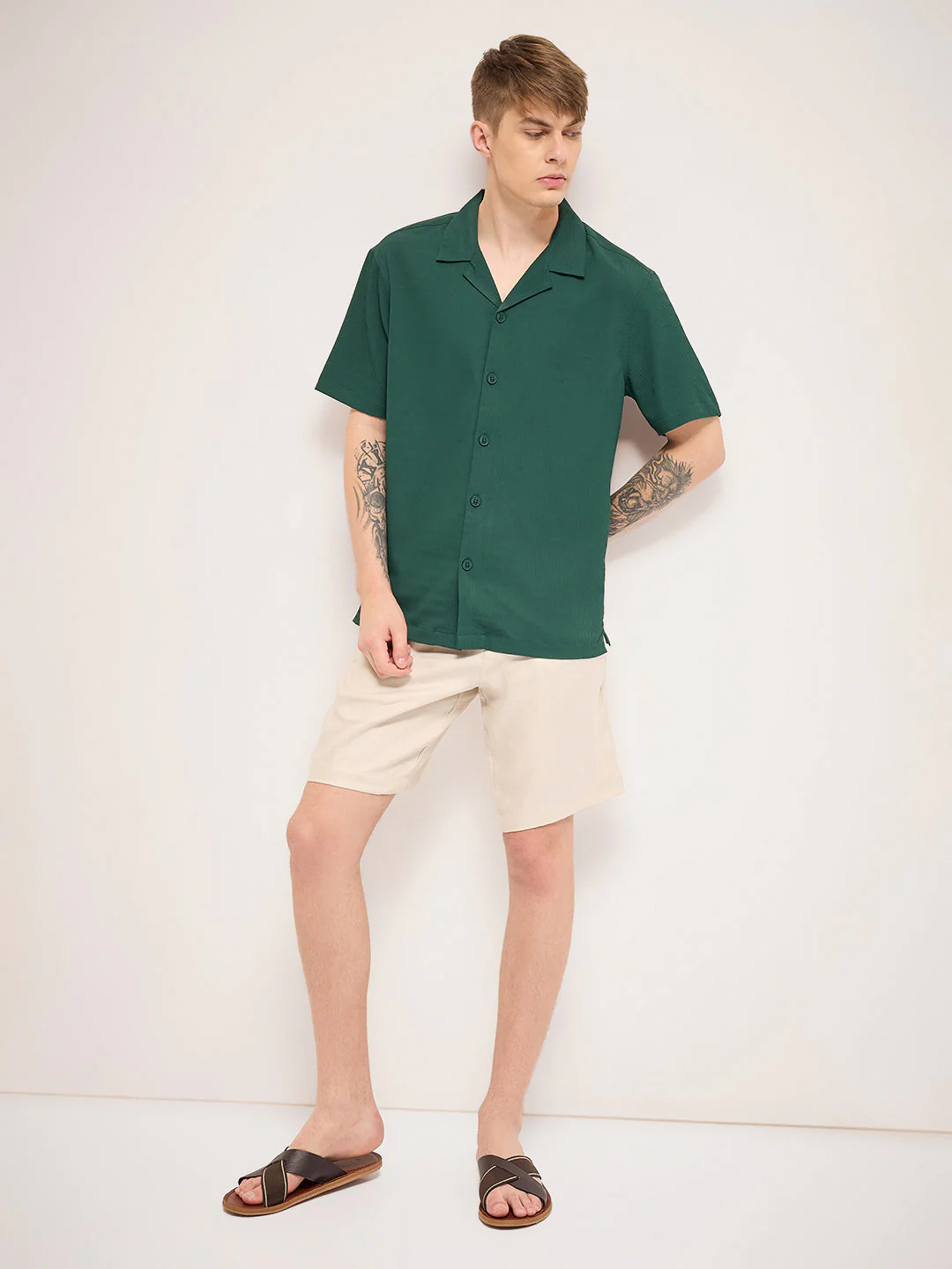 Men Green Self Design Regular Fit Casual Shirt - Image 5