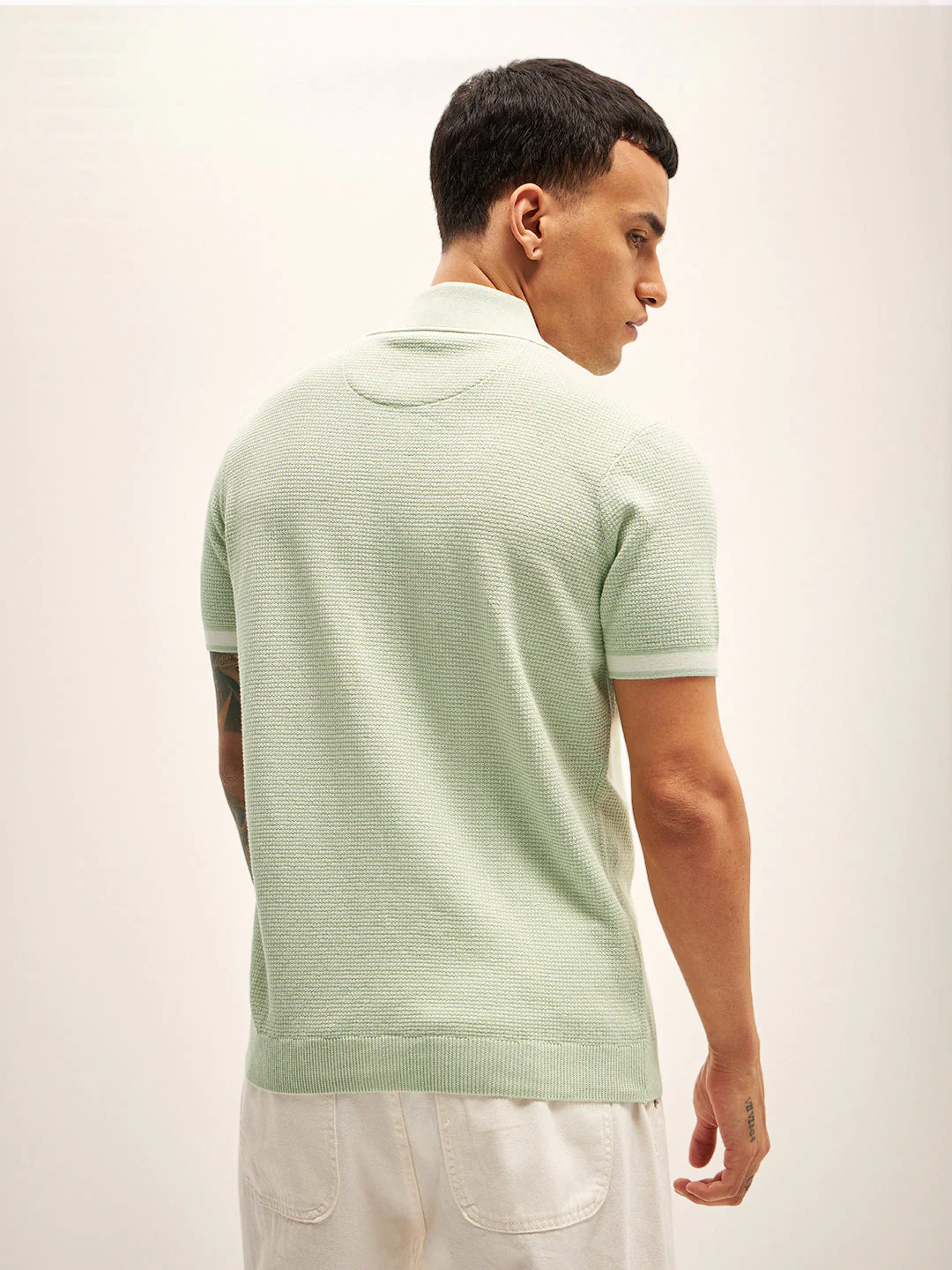 Men Green Self Design Regular Fit Polo T-Shirt - Image 2