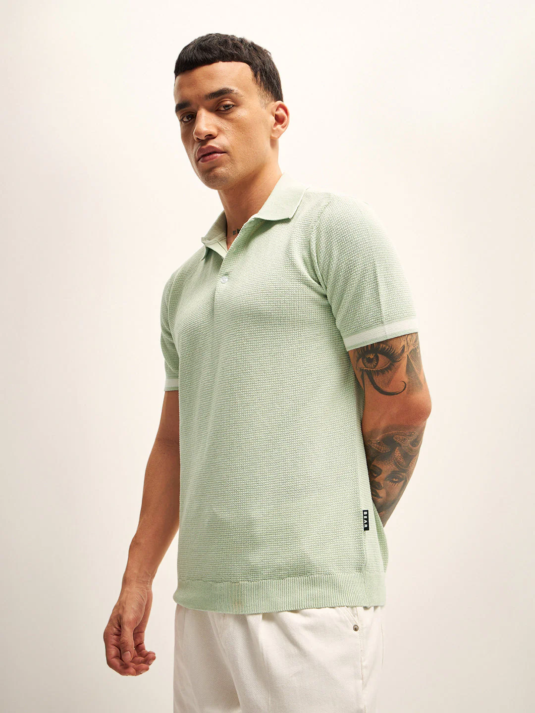 Men Green Self Design Regular Fit Polo T-Shirt - Image 3