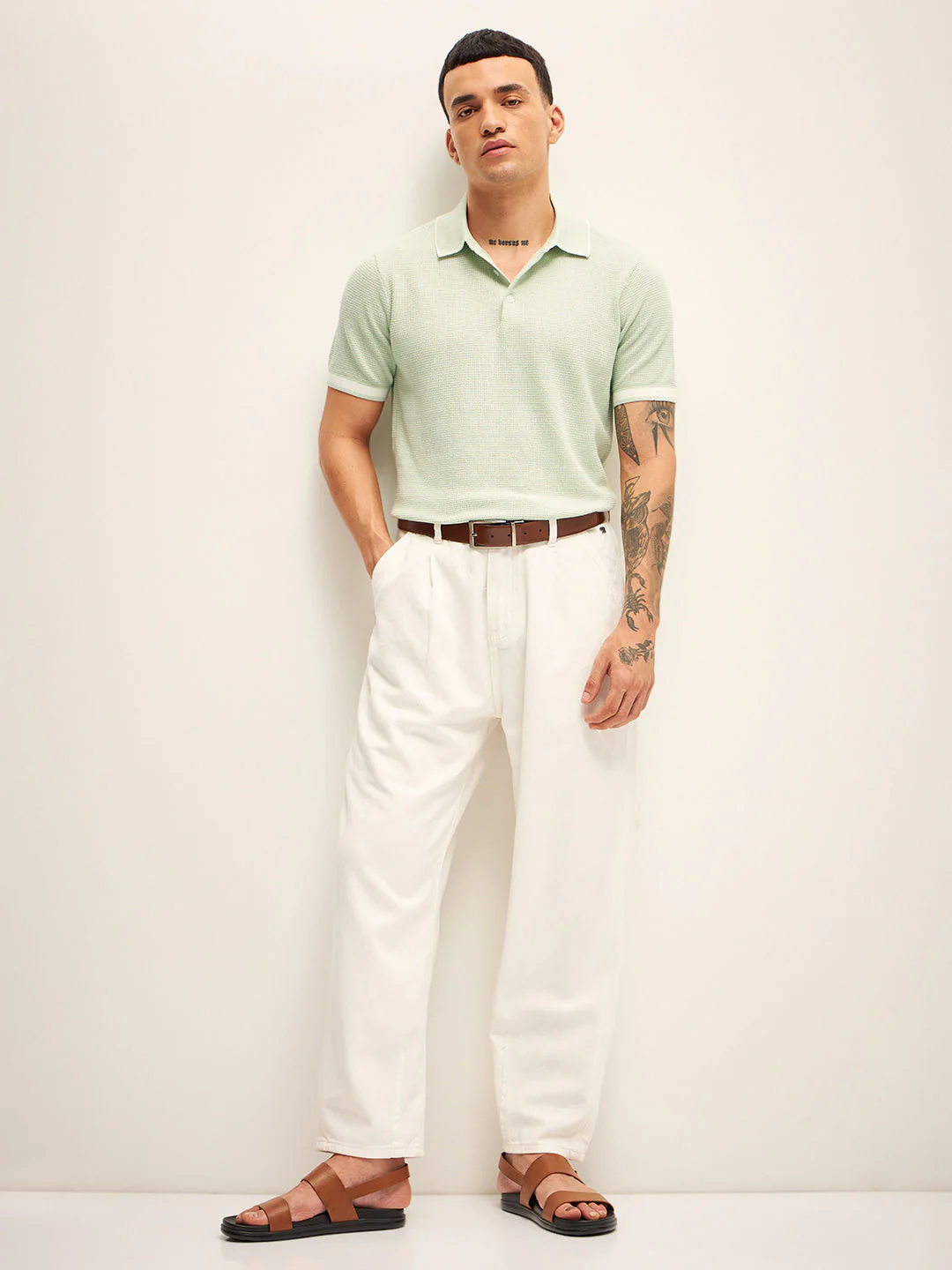 Men Green Self Design Regular Fit Polo T-Shirt - Image 4