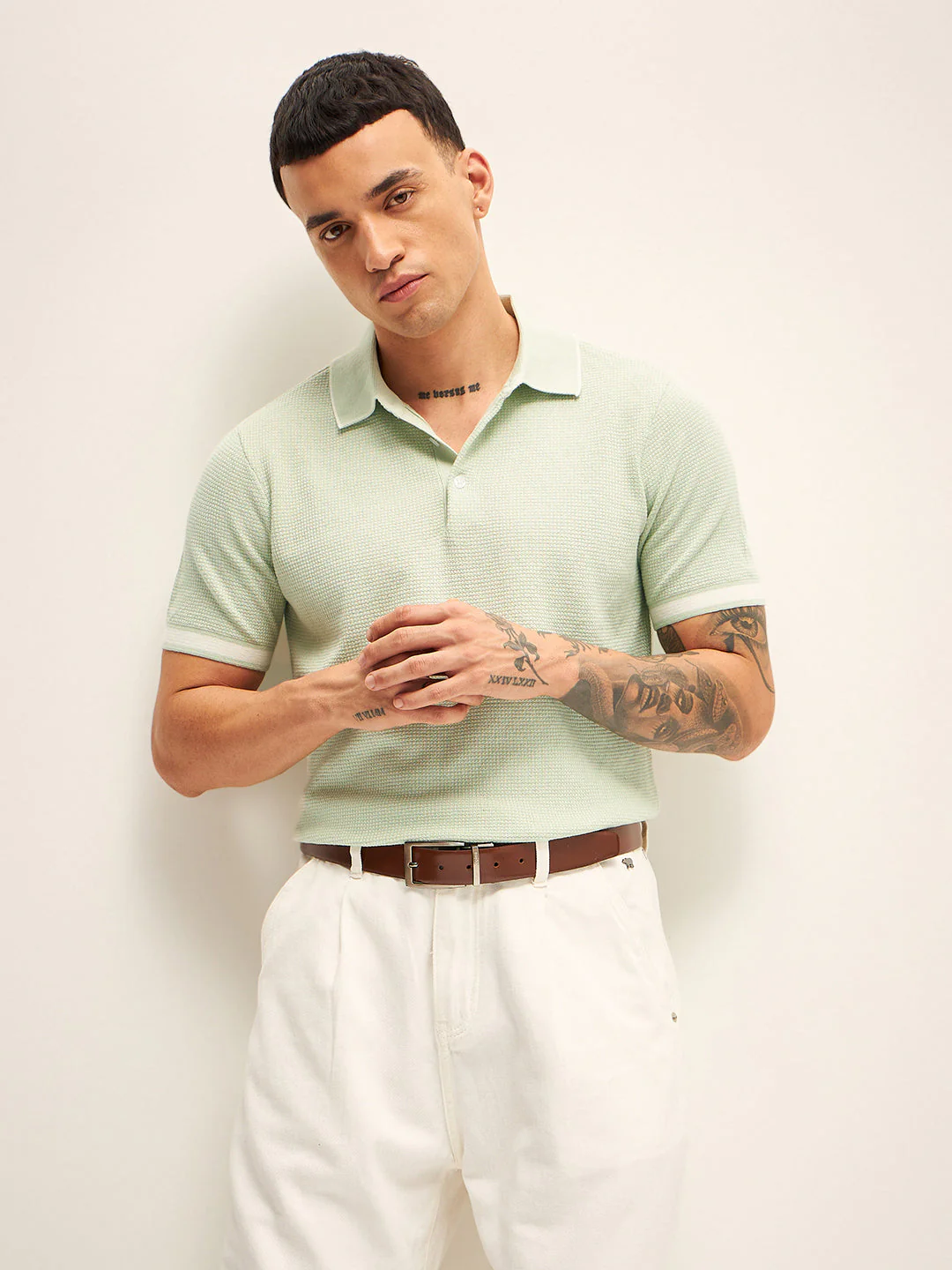 Men Green Self Design Regular Fit Polo T-Shirt - Image 6