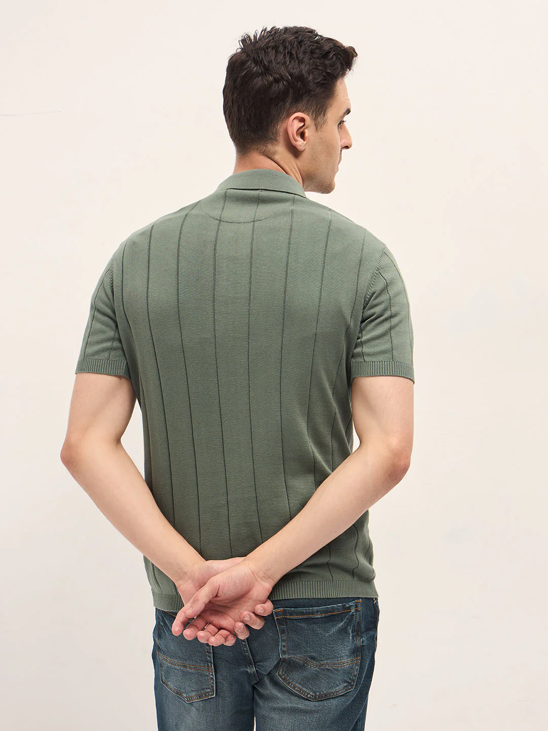 Men Green Self-Striped Design Slim Fit Polo - Image 2
