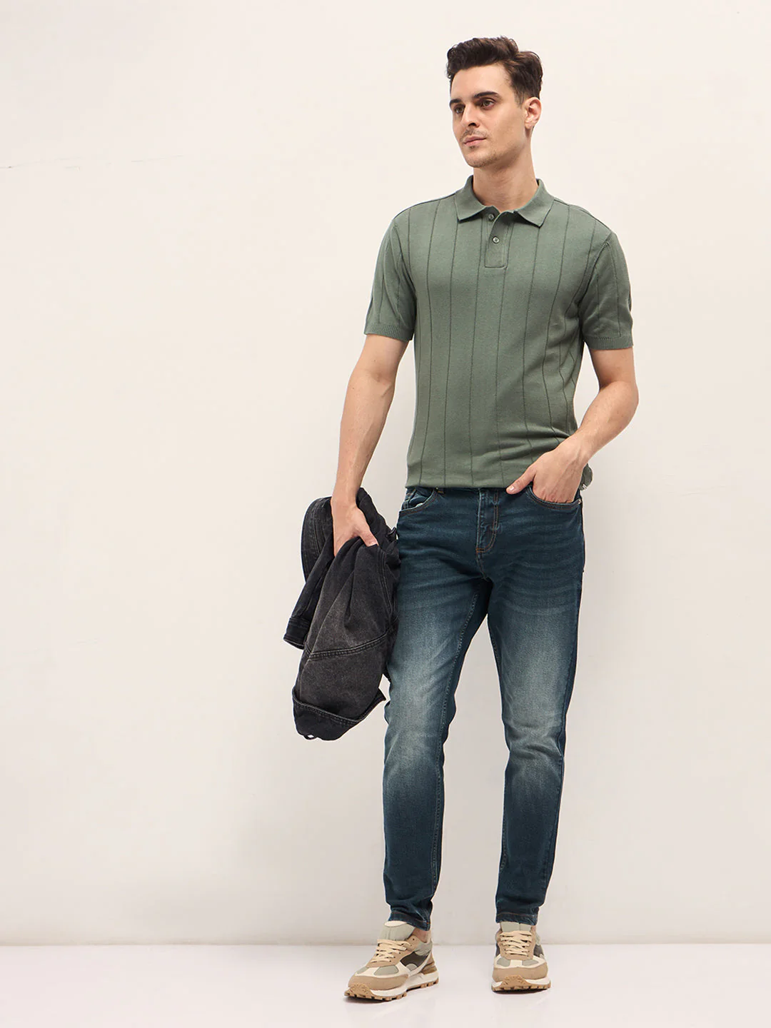 Men Green Self-Striped Design Slim Fit Polo - Image 4