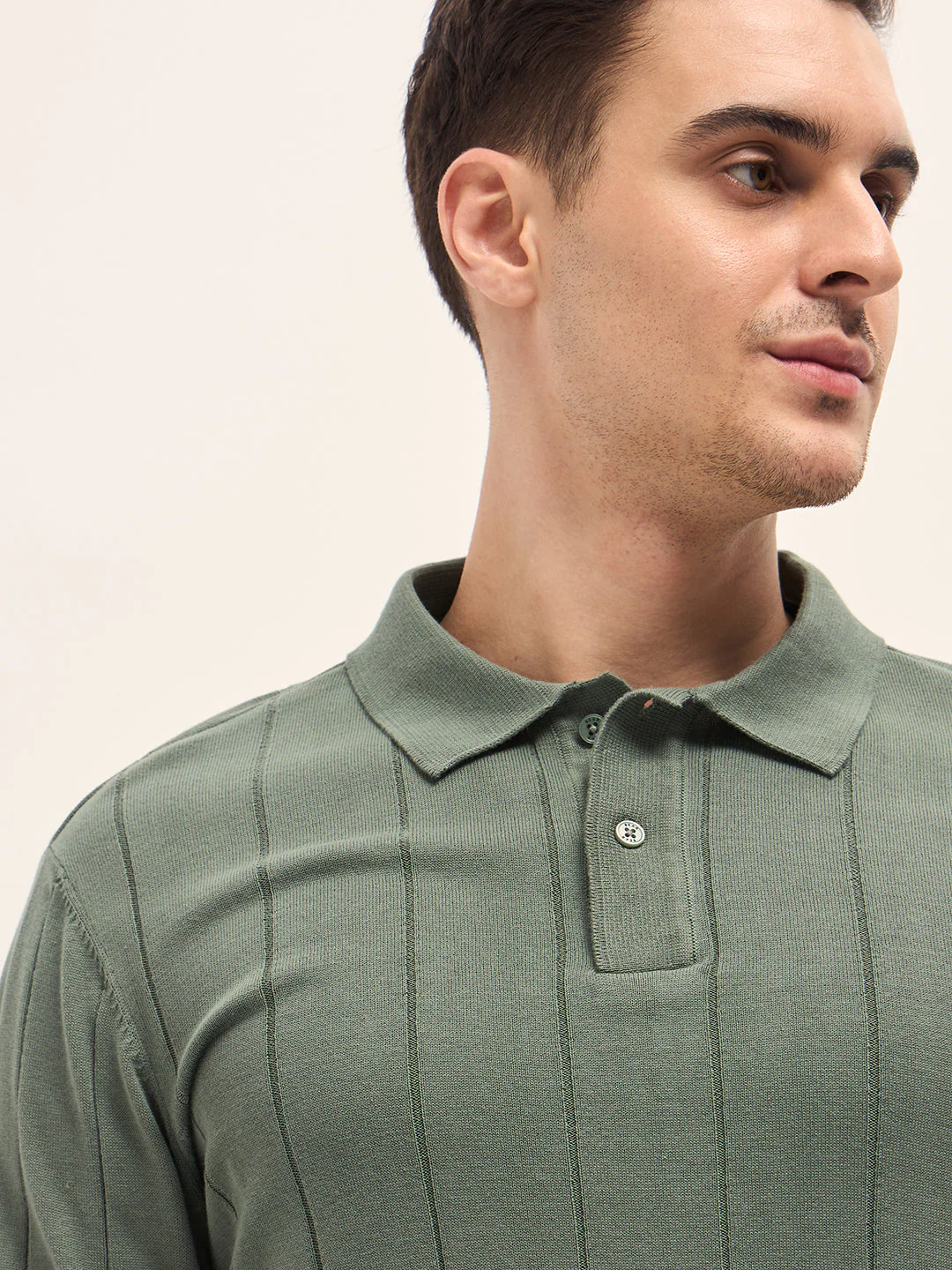Men Green Self-Striped Design Slim Fit Polo - Image 5