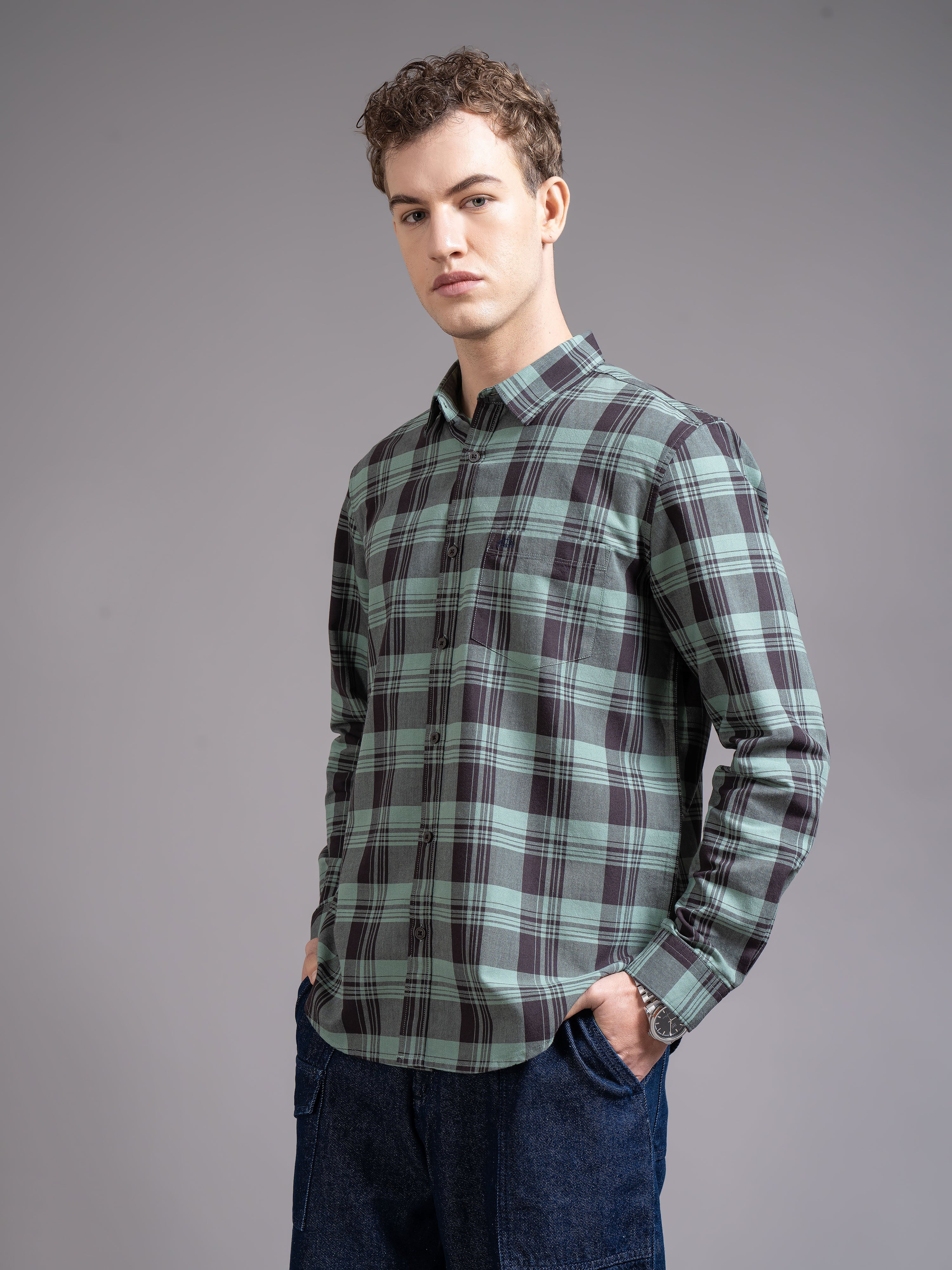 Men Green Slim Fit Checked Shirt - Image 6