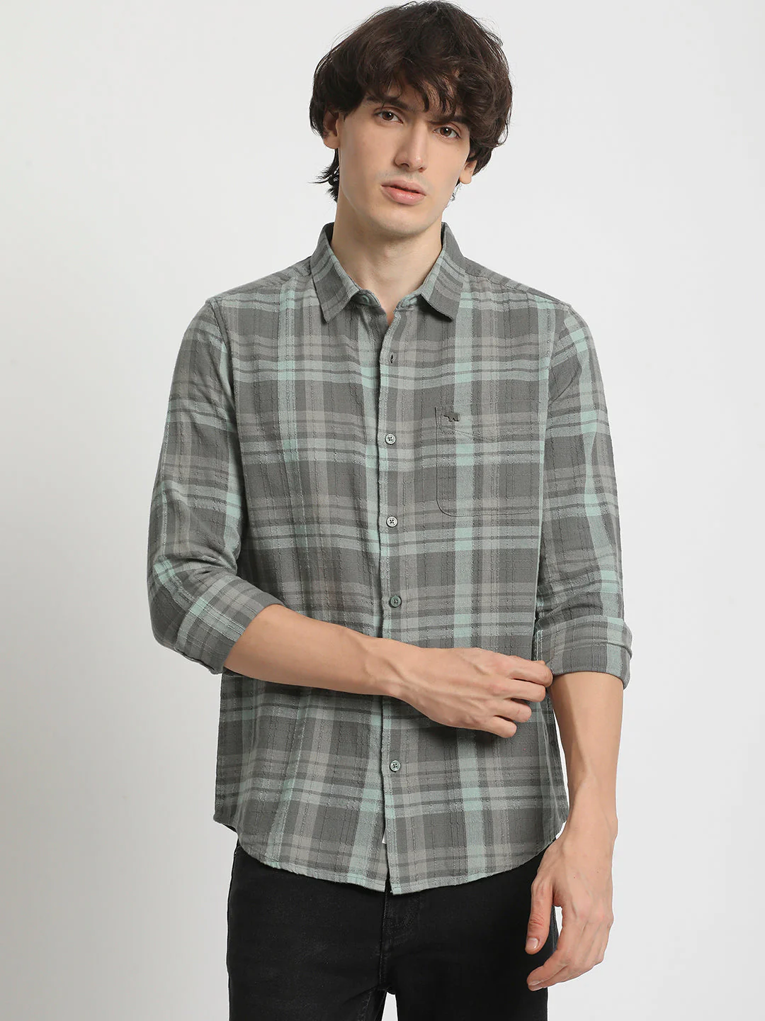 Men  Green Slim Fit Checked Spread Collar Casual Shirt - Image 2