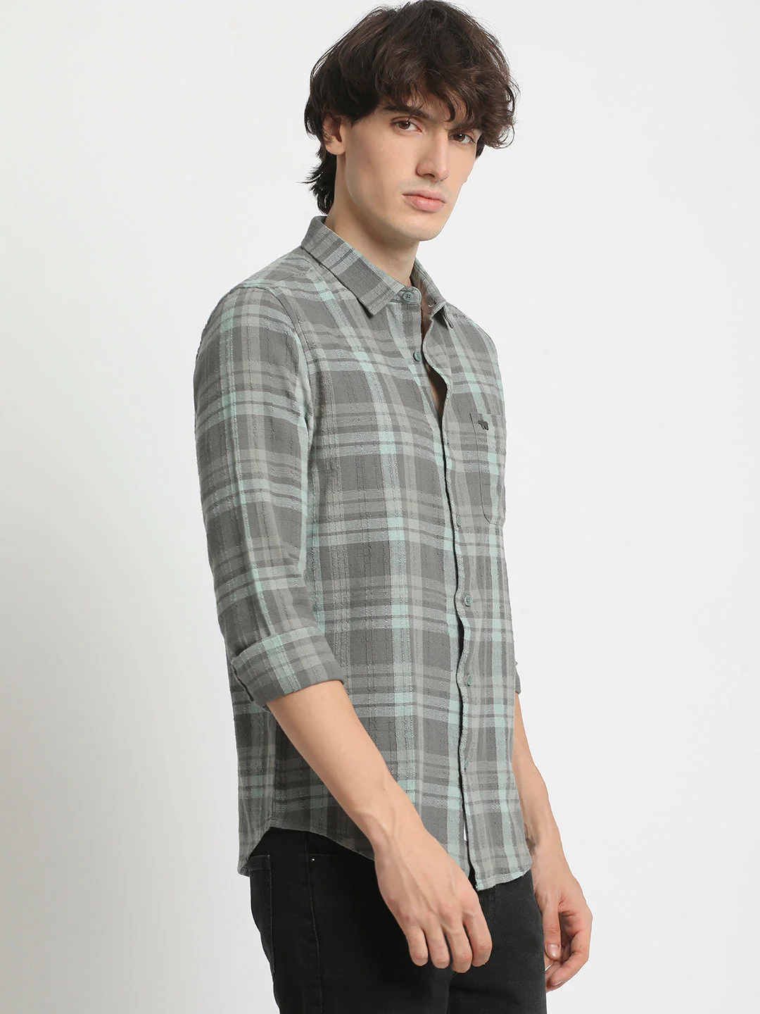 Men  Green Slim Fit Checked Spread Collar Casual Shirt - Image 3