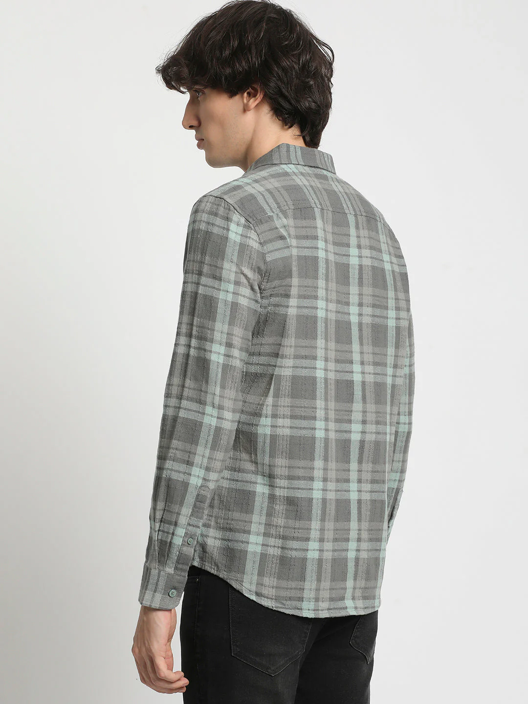 Men  Green Slim Fit Checked Spread Collar Casual Shirt - Image 4