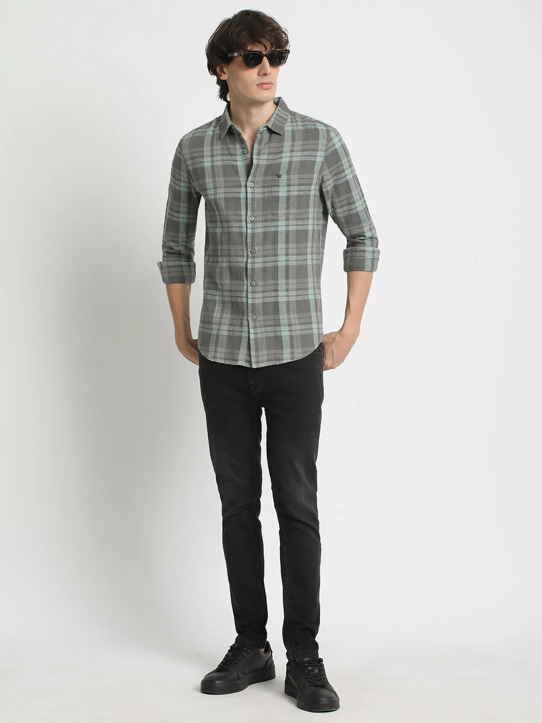 Men  Green Slim Fit Checked Spread Collar Casual Shirt - Image 5
