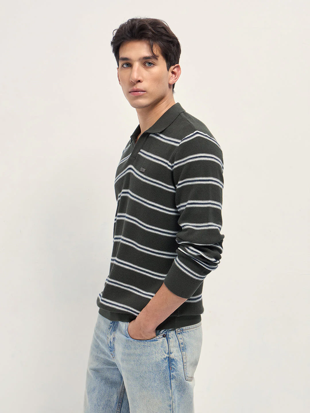 Men Green Slim Fit Flat Knit Polo - Image 3