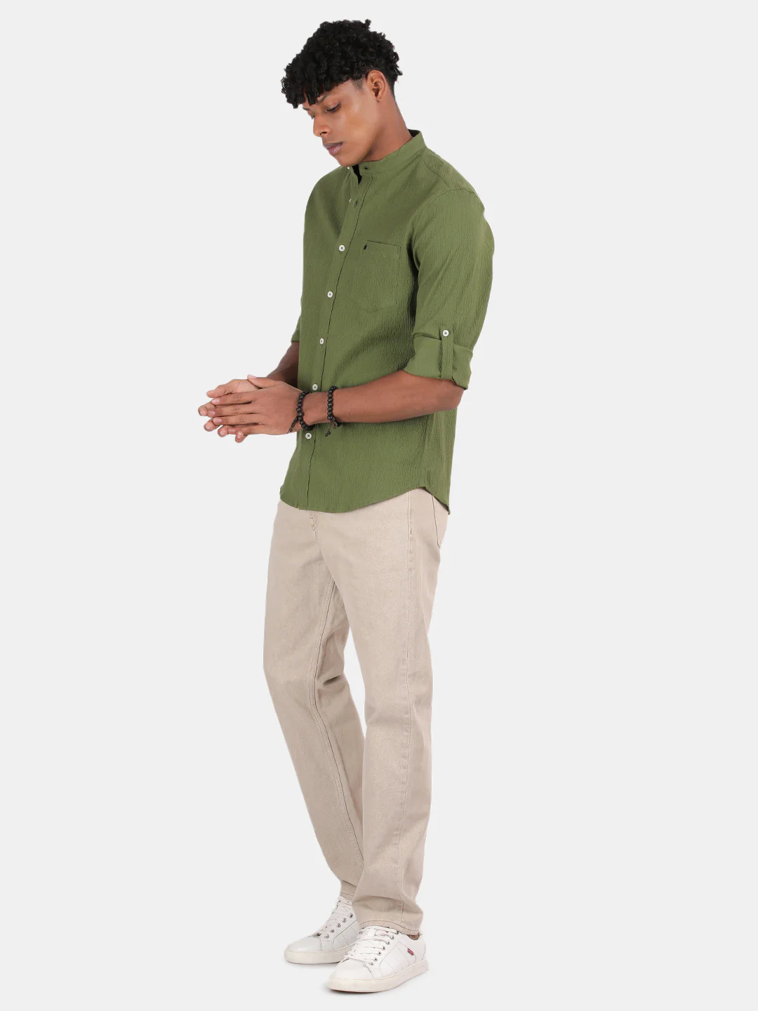Men Green Slim Fit Mandarin Collar Full Sleeve Casual Shirt - Image 2
