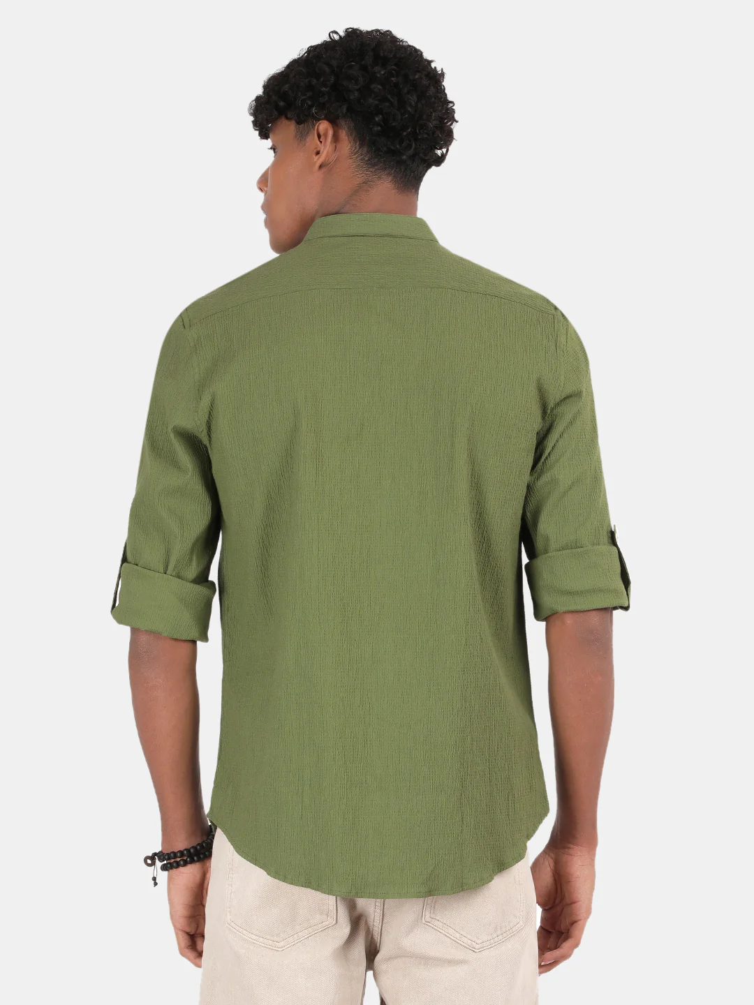 Men Green Slim Fit Mandarin Collar Full Sleeve Casual Shirt - Image 3