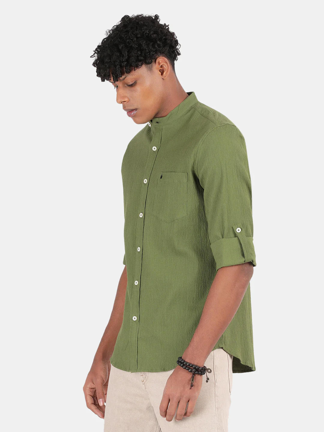 Men Green Slim Fit Mandarin Collar Full Sleeve Casual Shirt - Image 4