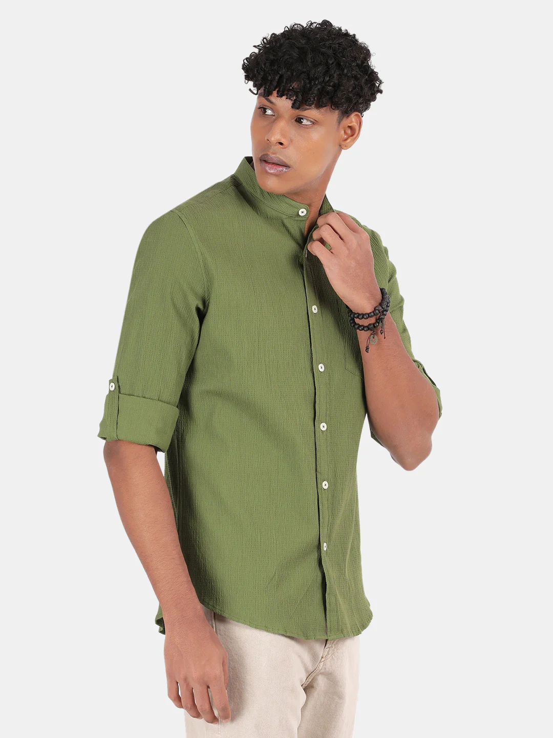 Men Green Slim Fit Mandarin Collar Full Sleeve Casual Shirt - Image 5
