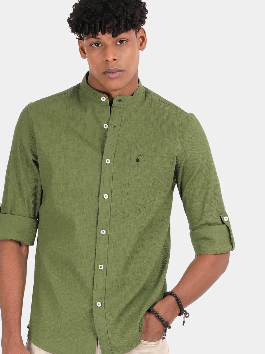 Men Green Slim Fit Mandarin Collar Full Sleeve Casual Shirt - Image 6
