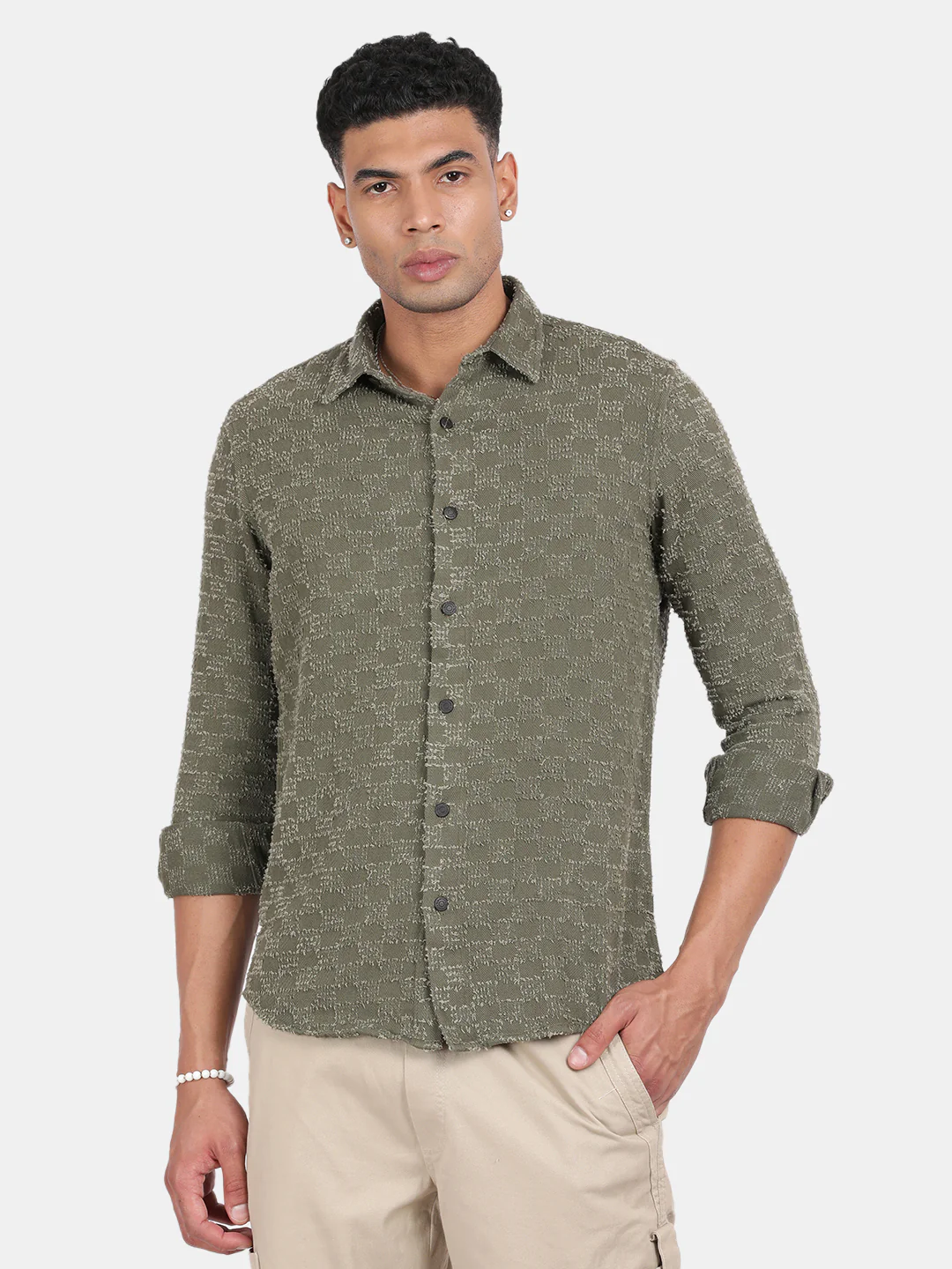 Men Green Slim Fit Spread Collar Full Sleeve Casual Shirt - Image 2
