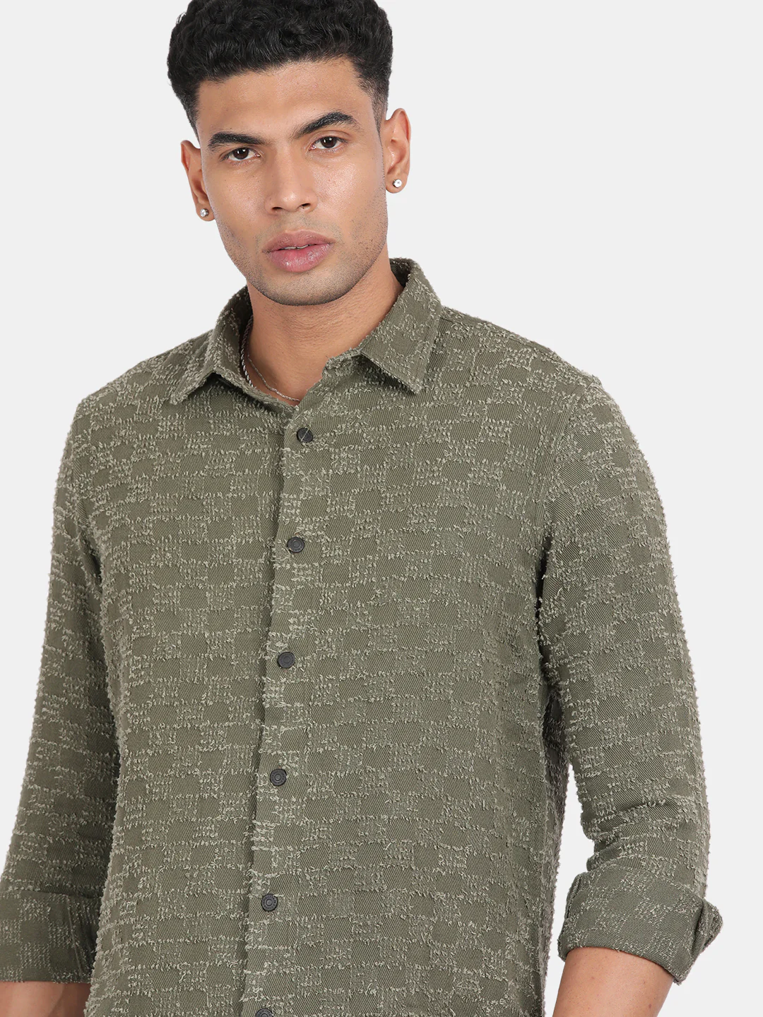 Men Green Slim Fit Spread Collar Full Sleeve Casual Shirt - Image 6