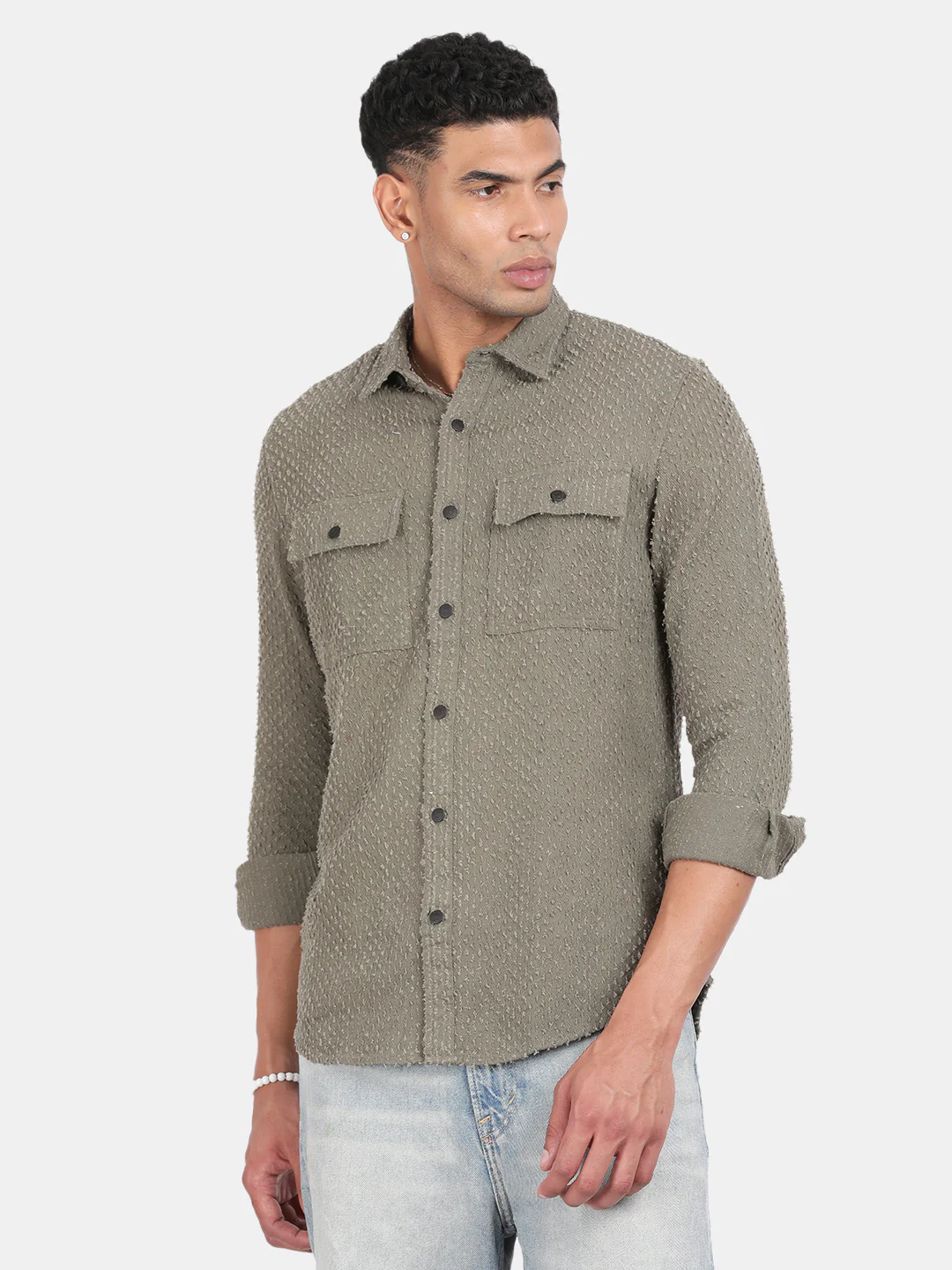 Men Green Slim Fit Spread Collar Full Sleeve Casual Shirt - Image 2