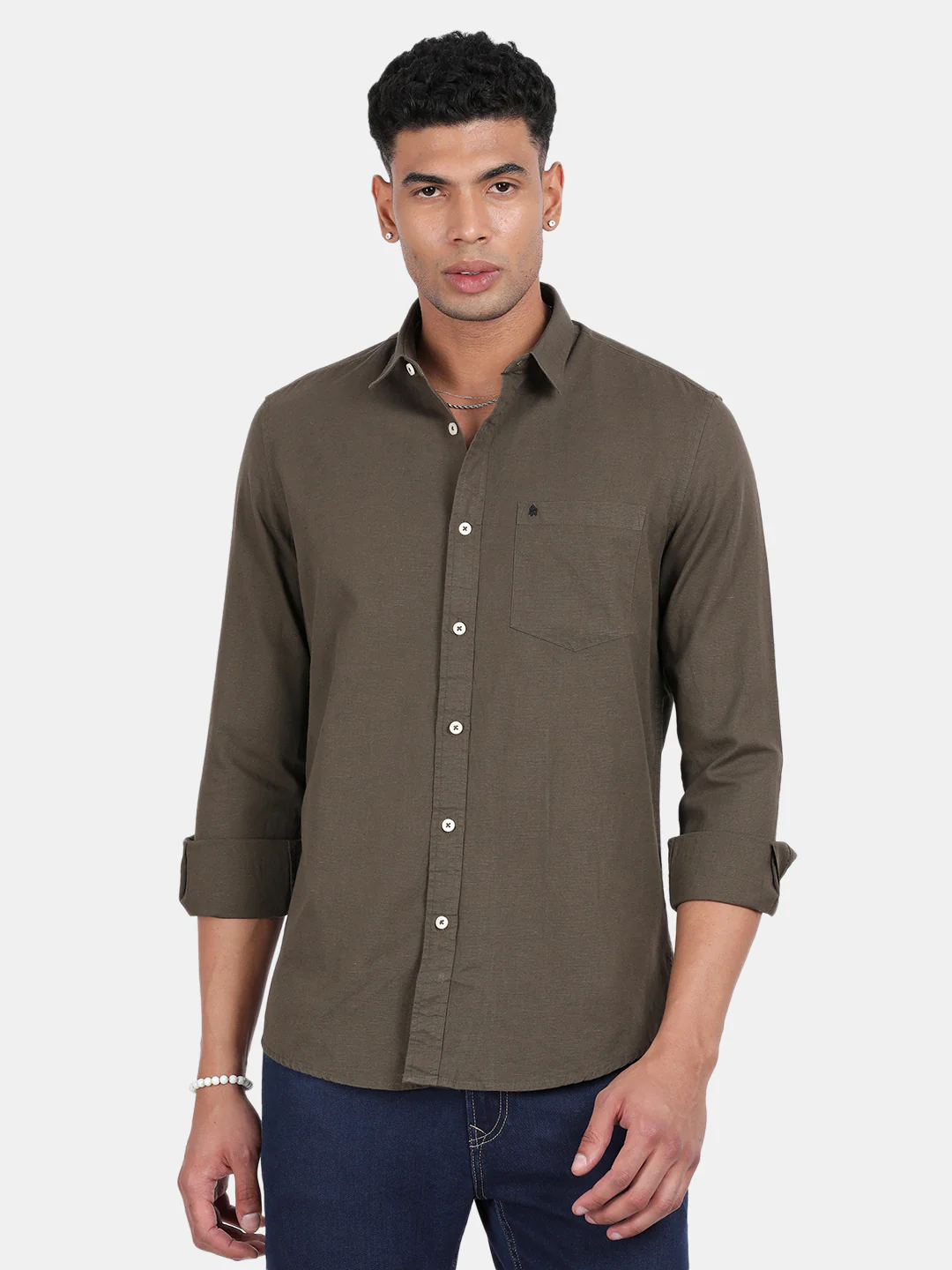 Men Green Slim Fit Spread Collar Full Sleeve Casual Shirt - Image 2