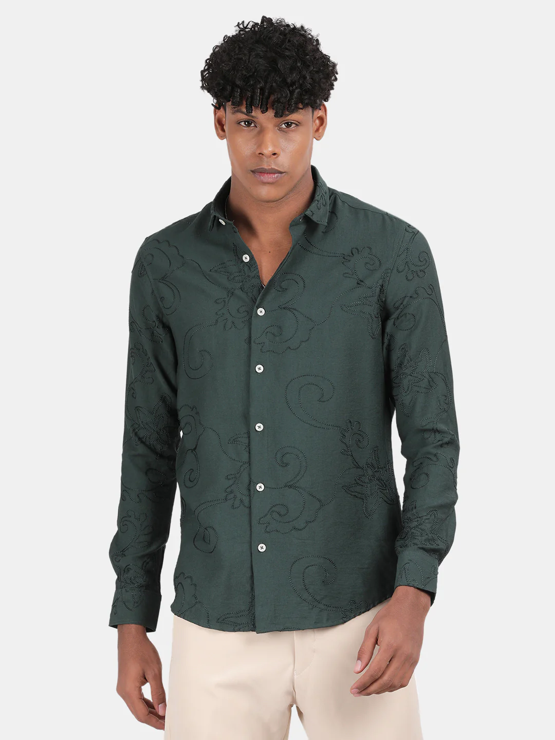 Men Green Slim Fit Spread Collar Full Sleeve Casual Shirt - Image 2