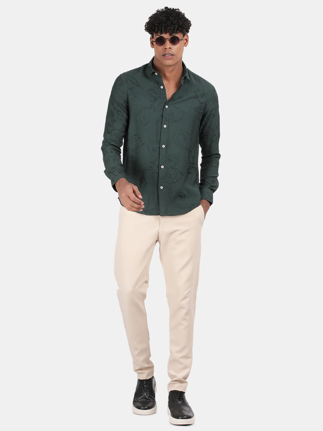 Men Green Slim Fit Spread Collar Full Sleeve Casual Shirt - Image 3