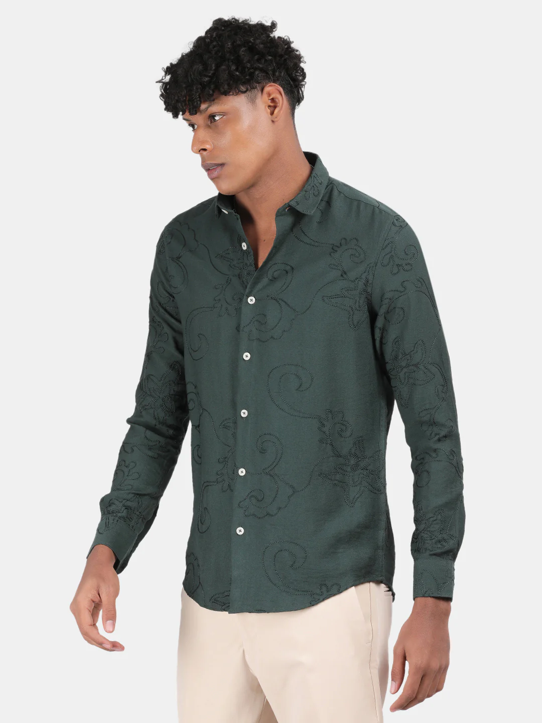 Men Green Slim Fit Spread Collar Full Sleeve Casual Shirt - Image 5