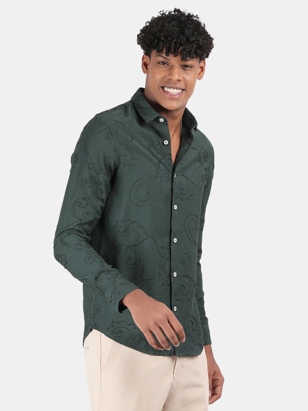Men Green Slim Fit Spread Collar Full Sleeve Casual Shirt - Image 6