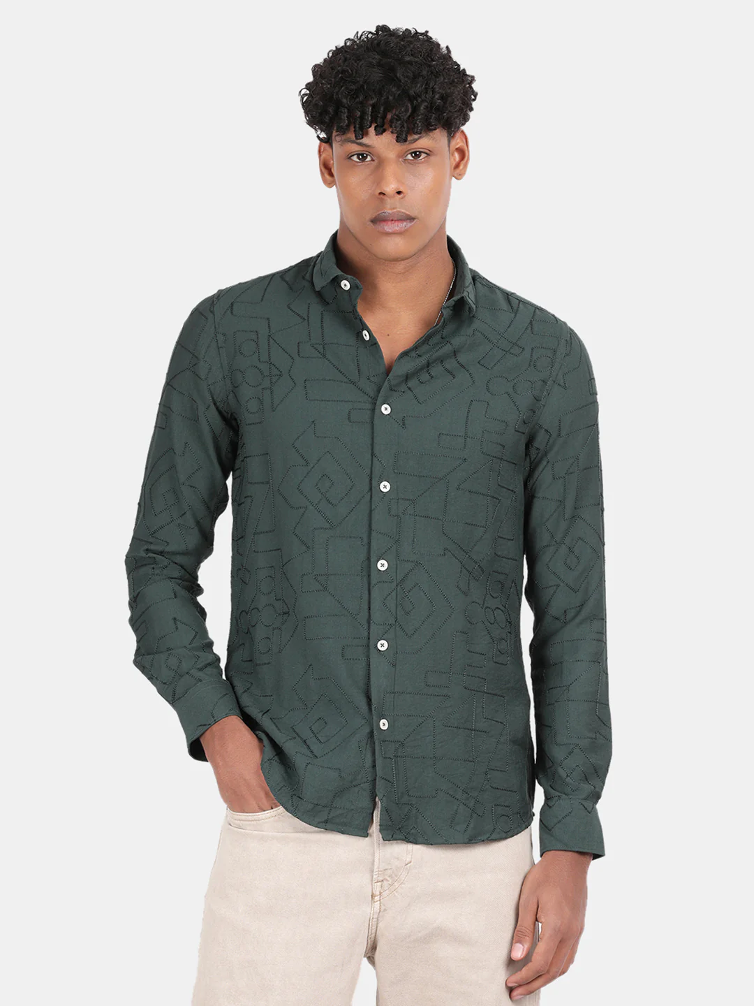 Men Green Slim Fit Spread Collar Full Sleeve Casual Shirt - Image 2