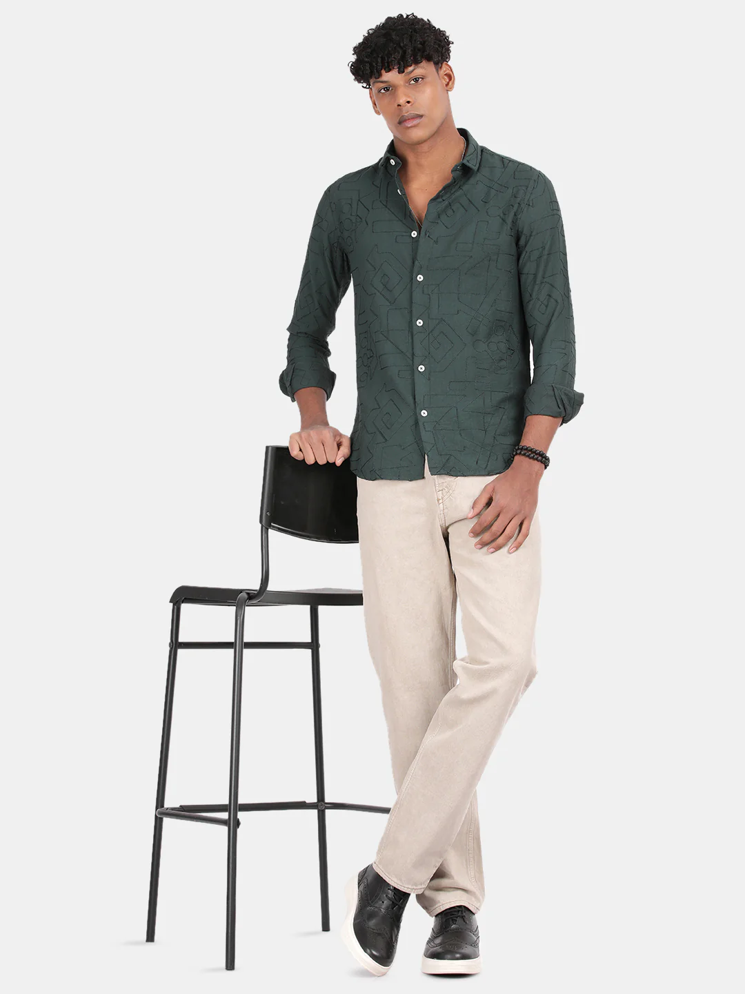 Men Green Slim Fit Spread Collar Full Sleeve Casual Shirt - Image 3