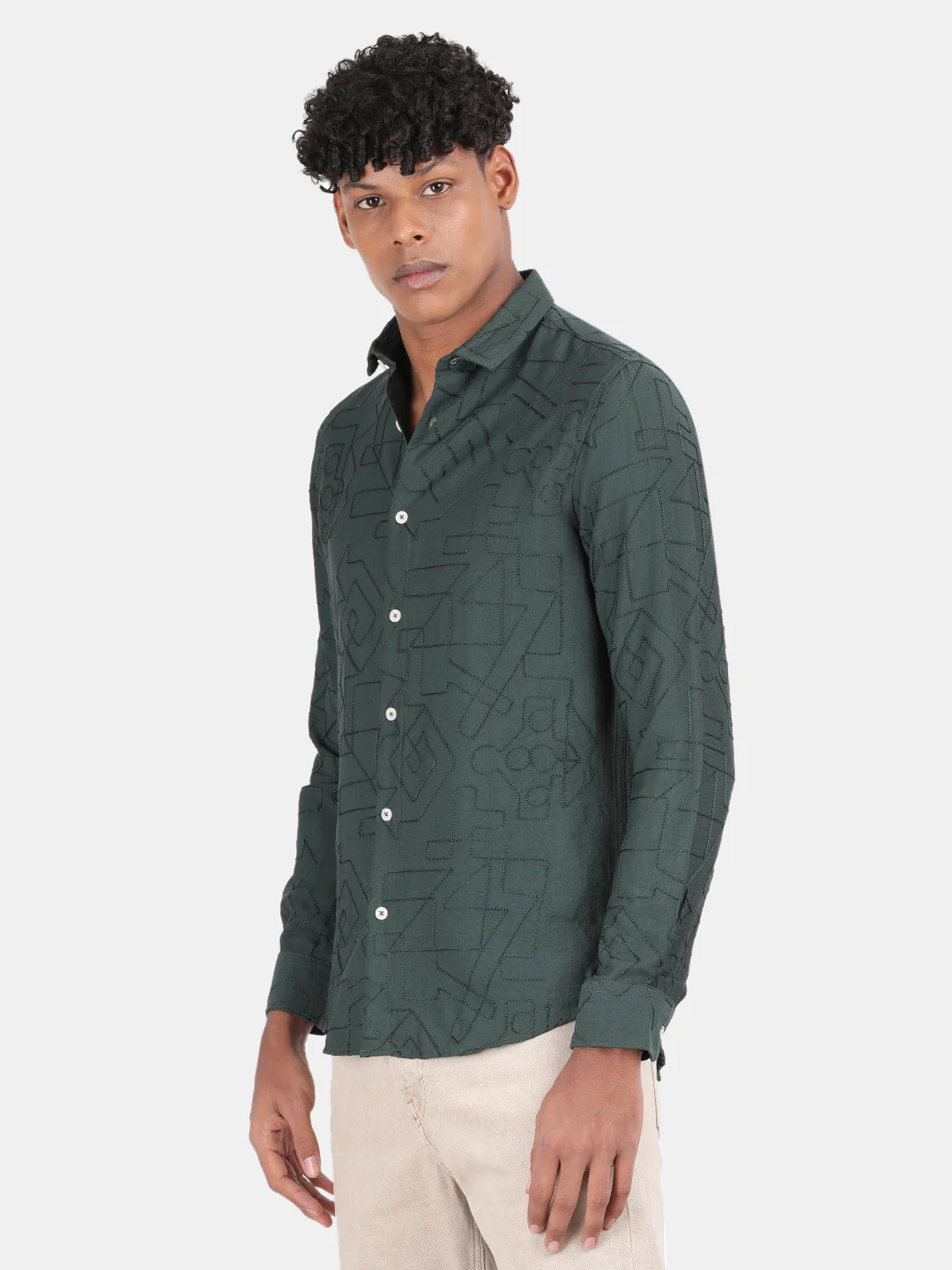 Men Green Slim Fit Spread Collar Full Sleeve Casual Shirt - Image 5
