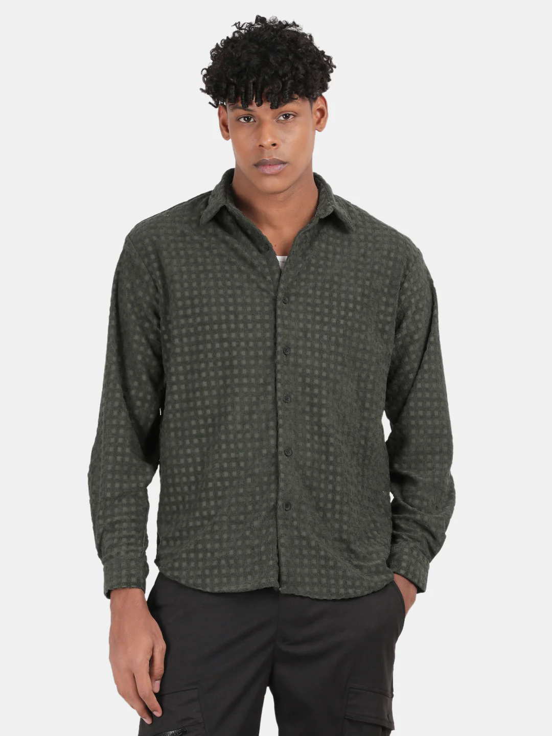 Men Green Slim Fit Spread Collar Full Sleeve Casual Shirt - Image 2